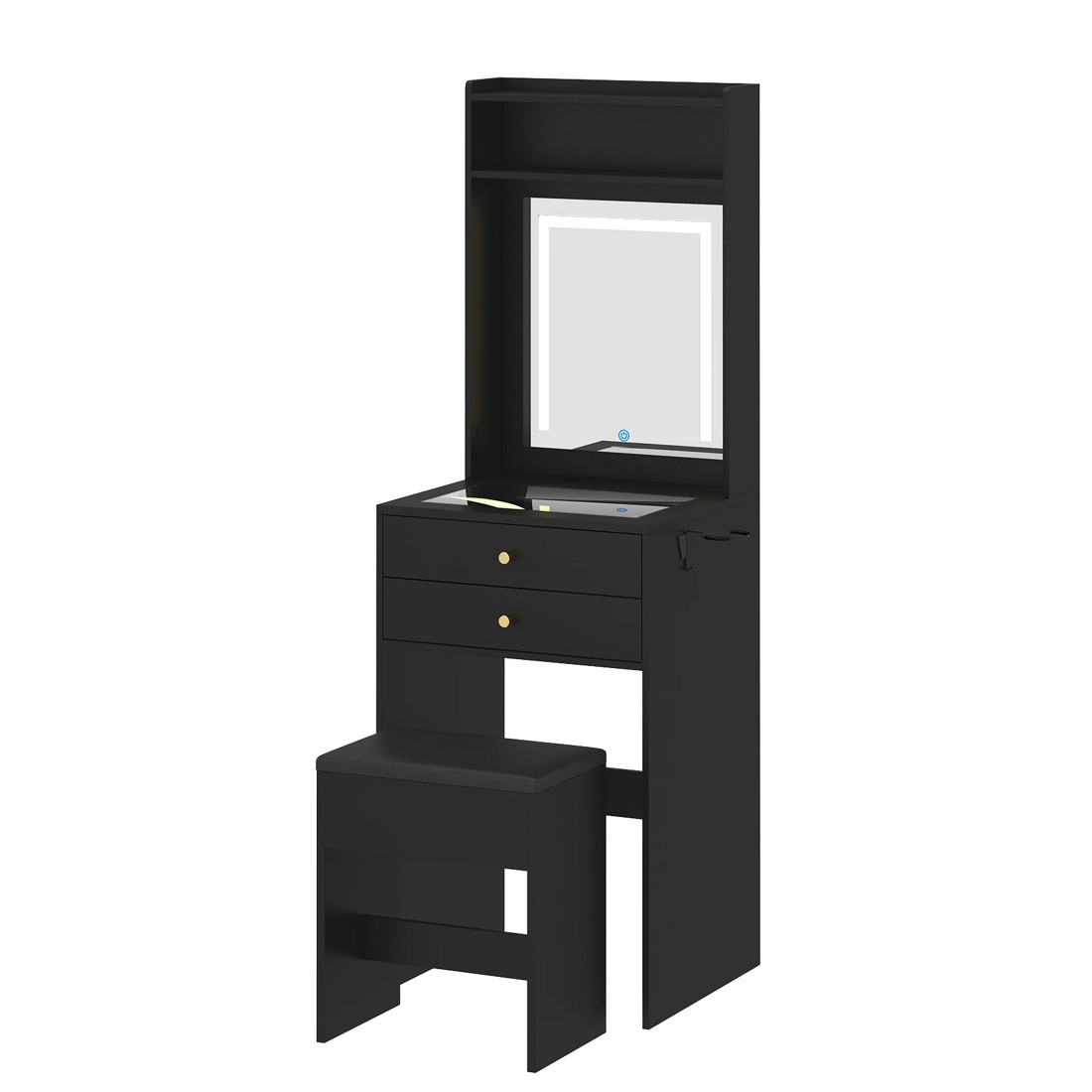 1 Advwin Dressing Table Stool Set Glass Desktop Mirror LED Light 2 Drawers - Black, 1 of 8