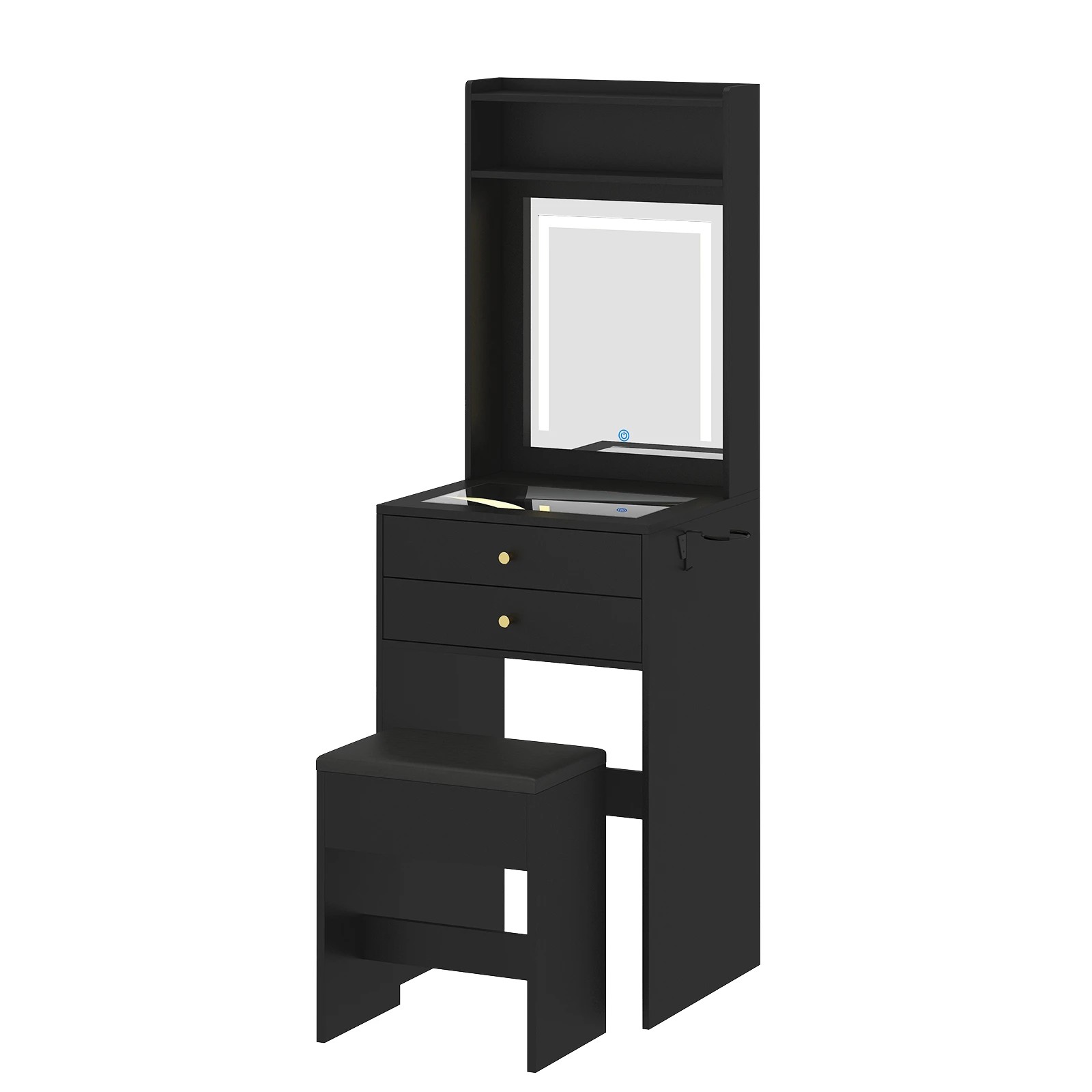 1 Advwin Dressing Table Stool Set Glass Desktop Mirror LED Light 2 Drawers - Black, 1 of 8