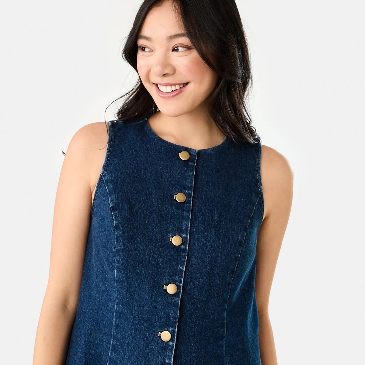 5 Sleeveless Boat Neck Denim Mini Dress DARK DENIM WASH, 5 of 8