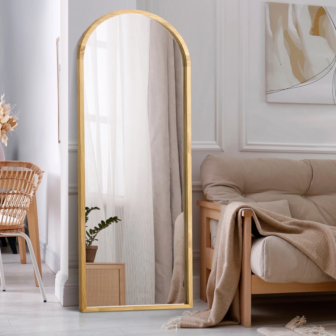 1 Oikiture Wooden Full Length Mirror 166x60cm Arched Dressing Floor Mirrors
 - Natural, 1 of 8