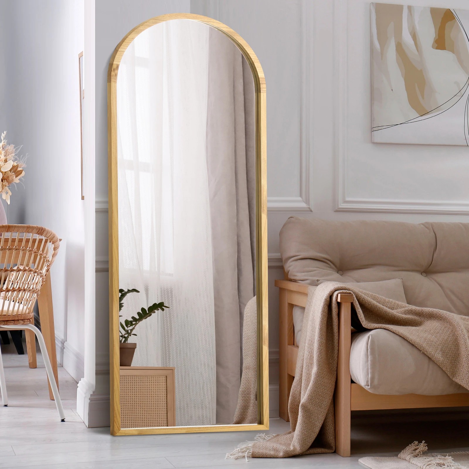1 Oikiture Wooden Full Length Mirror 166x60cm Arched Dressing Floor Mirrors
 - Natural, 1 of 8
