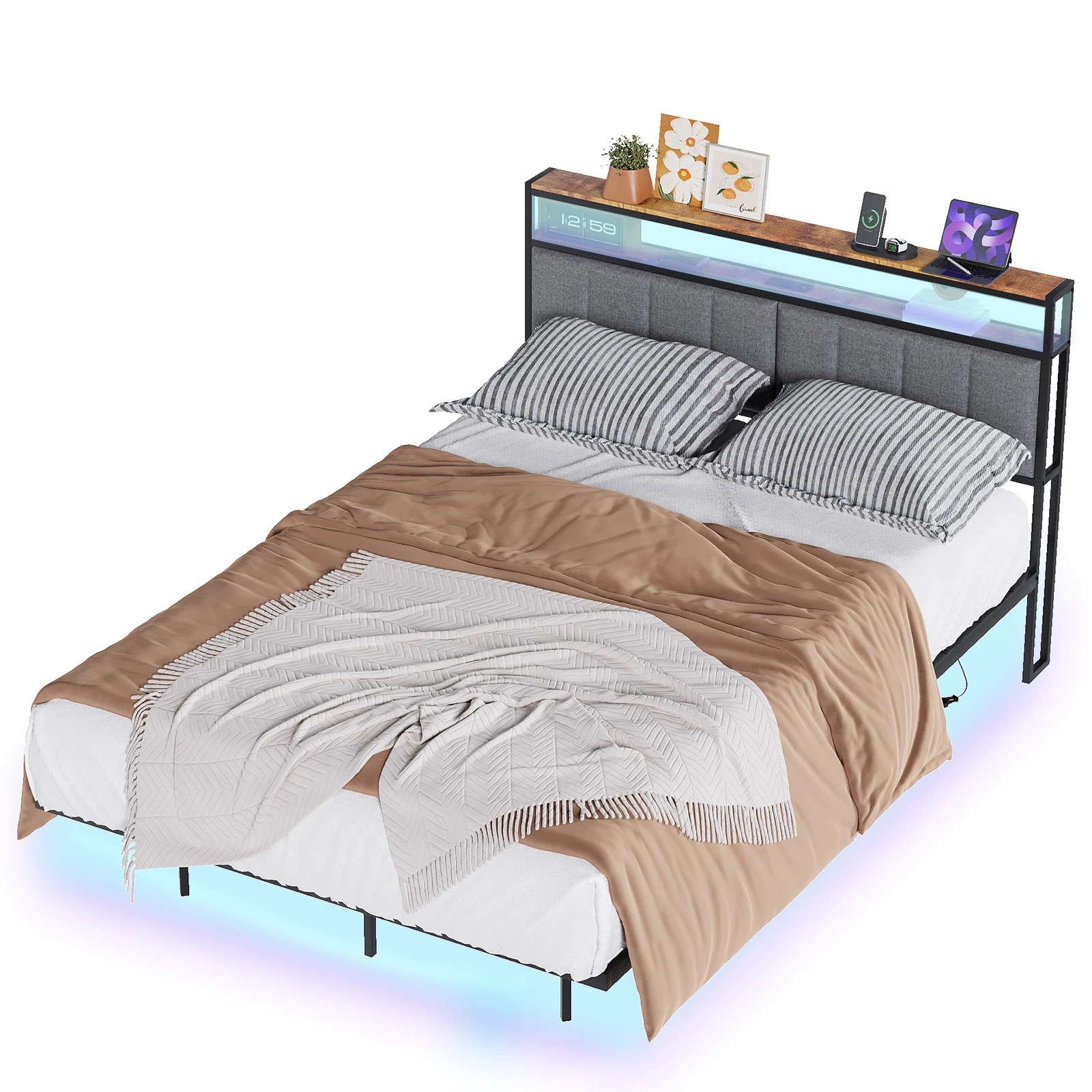 1 Advwin Double Size Floating Bed Frame with Headboard Led Light and Charging Station, 1 of 7
