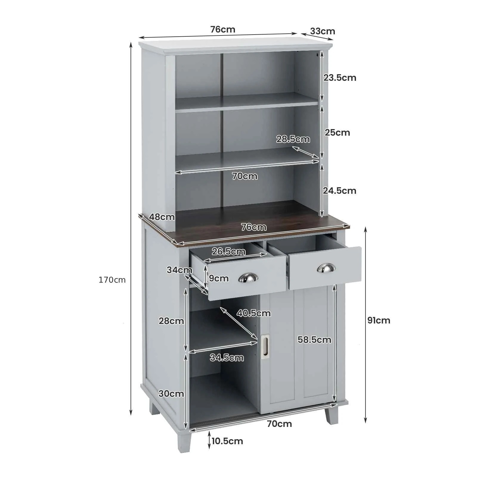 2 Costway 1.7m Kitchen Buffet Pantry Cabinet Cupboard Sliding Doors - Grey, 2 of 3