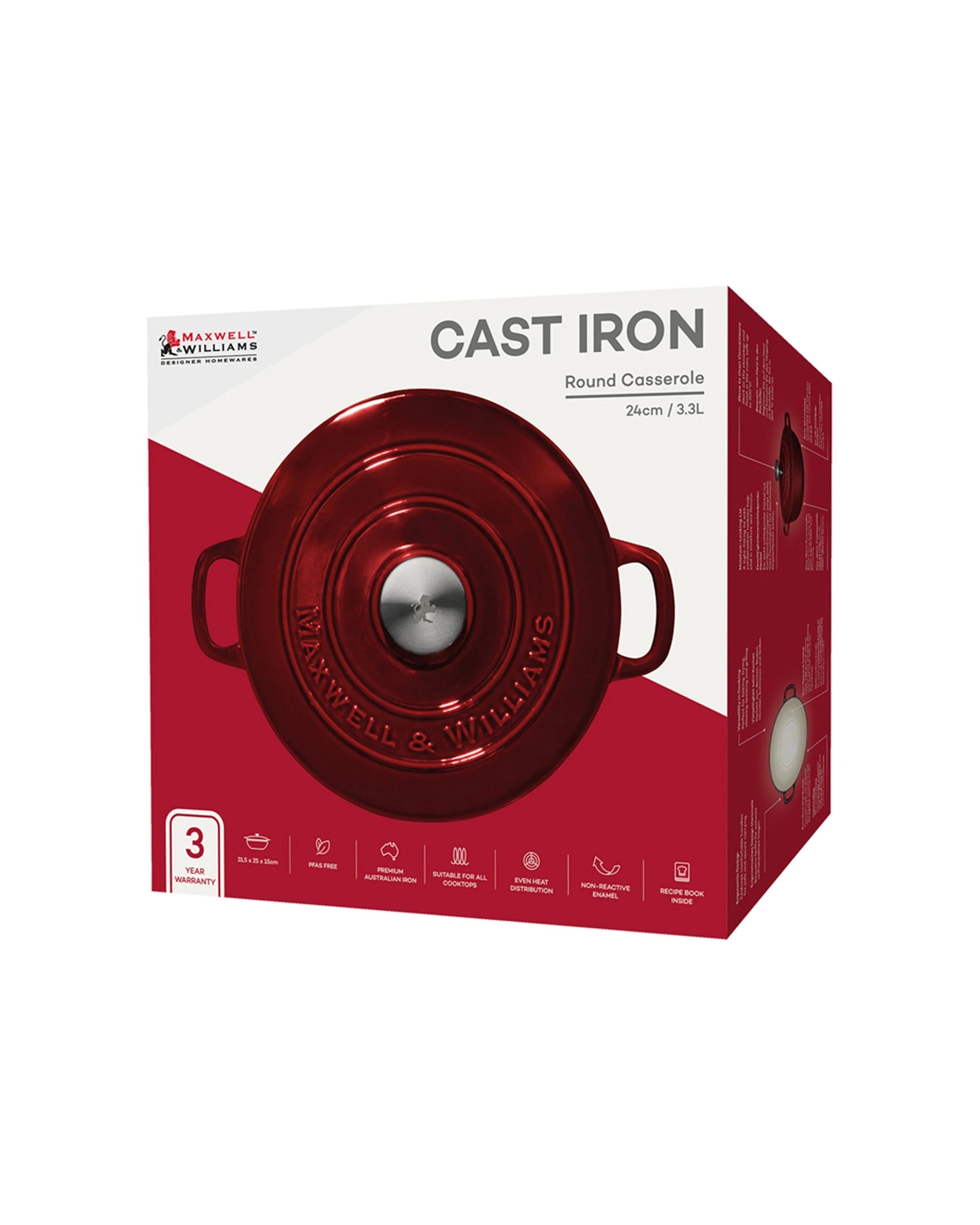 4 Maxwell & Williams Cast Iron Round Casserole 24cm 3.3l Slow Cookware
 - Red, 4 of 4