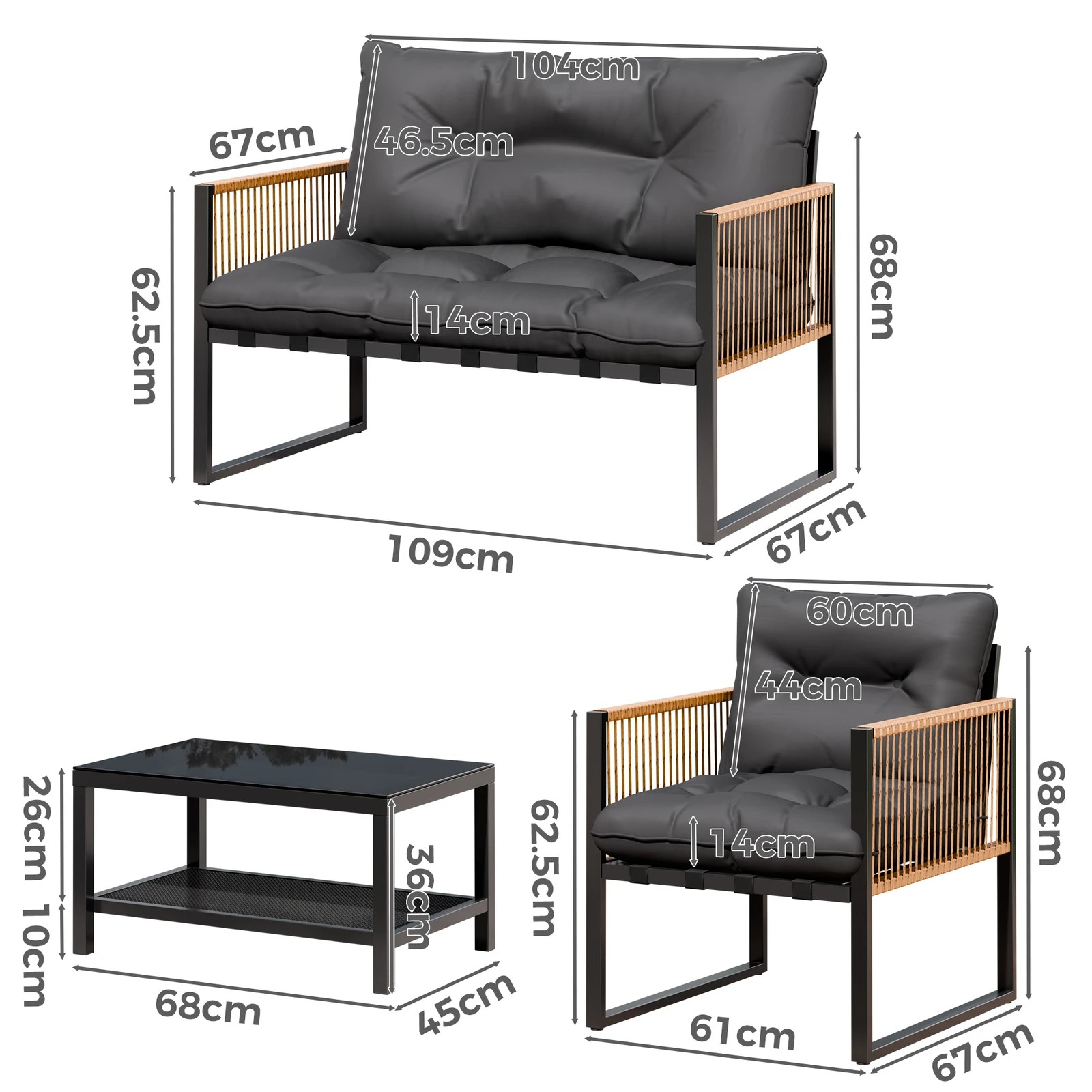 5 Alfordson 4PCS Outdoor Furniture Lounge Set Wicker Table and Chairs Garden - Black Grey, 5 of 10