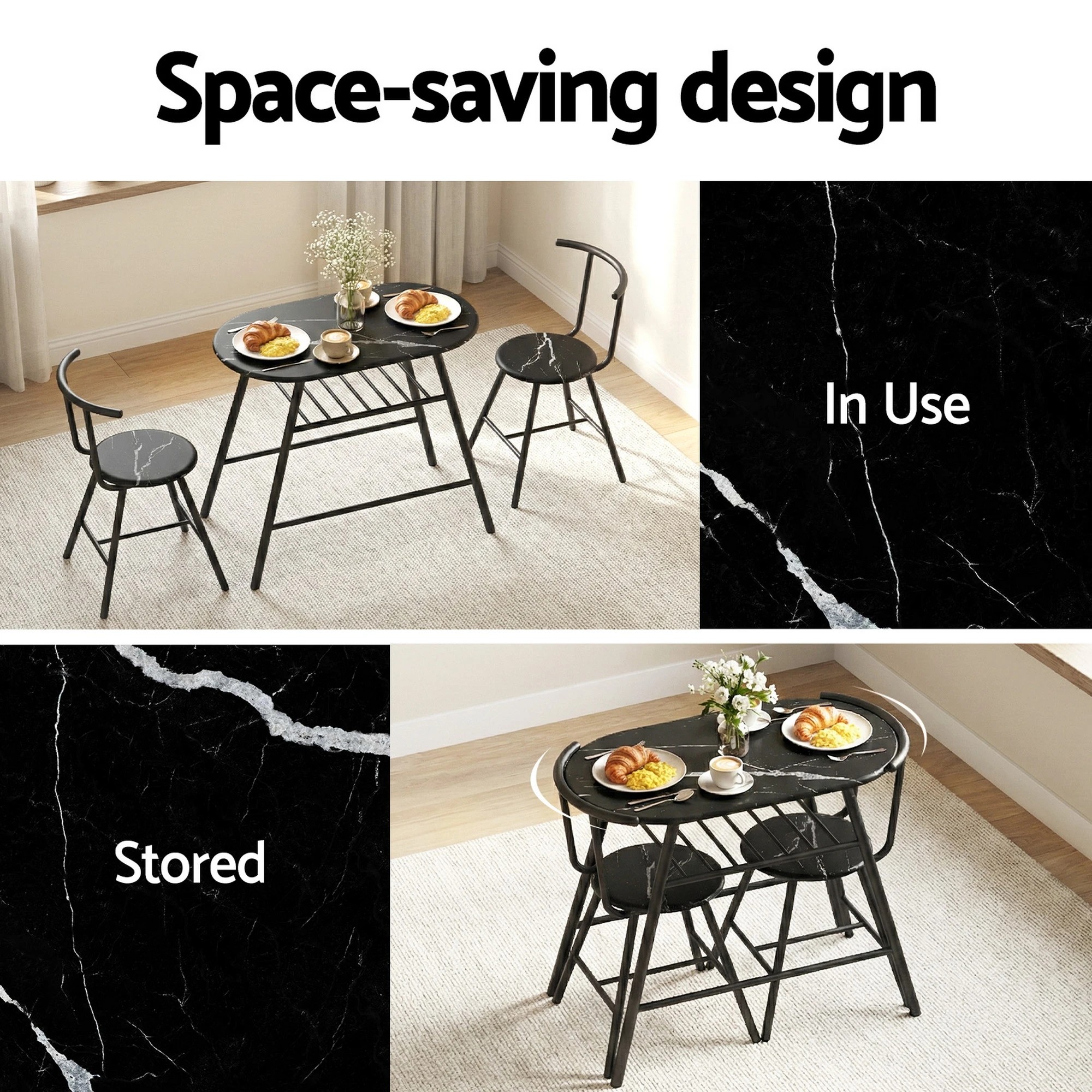 3 Artiss Dining Table Set 3PC Bistro Kitchen Storage Wine Rack  Marble Style - Black, 3 of 6