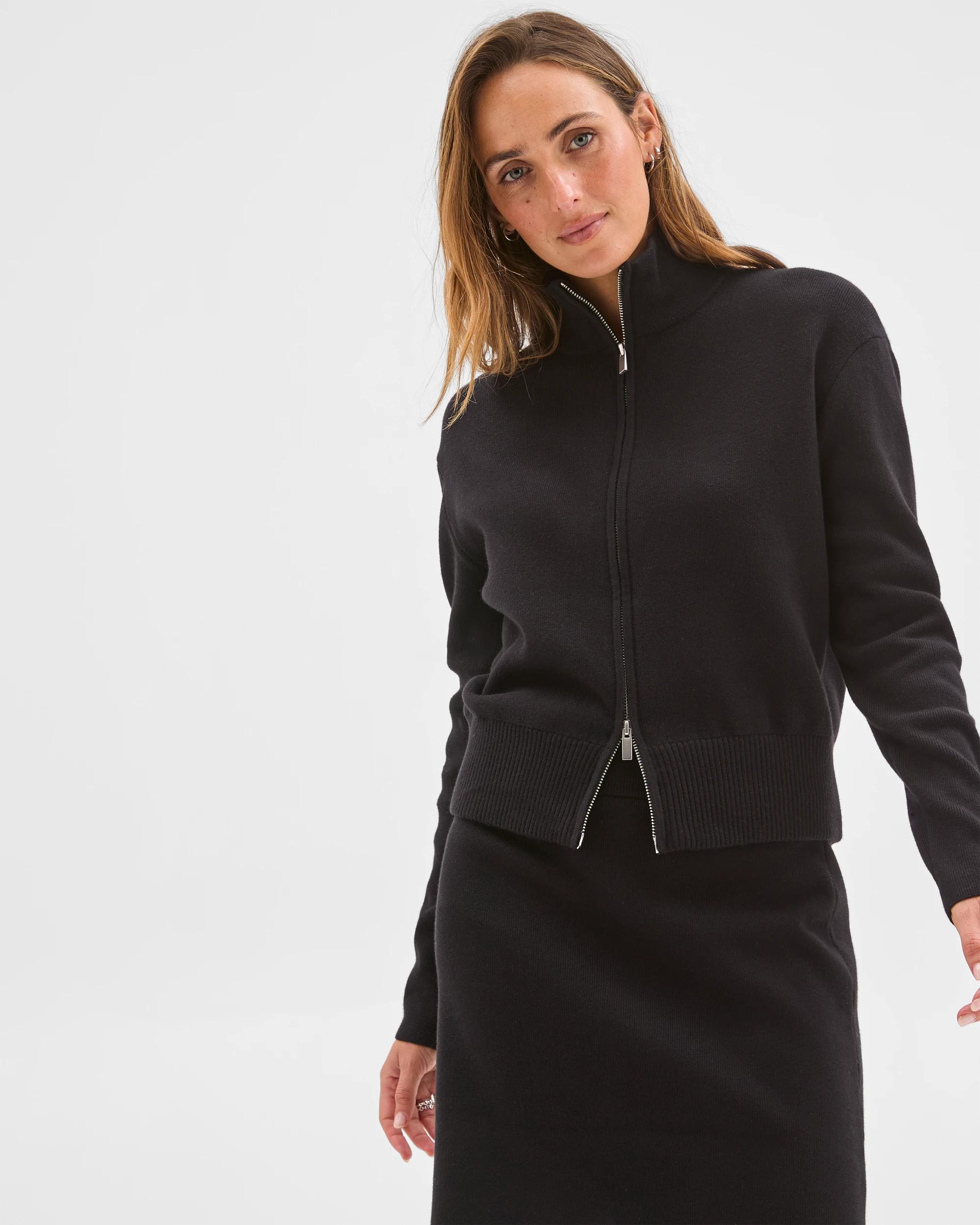 2 Preview Australian Cotton Blend Polished Knit Bomber Cardigan BLACK, 2 of 6