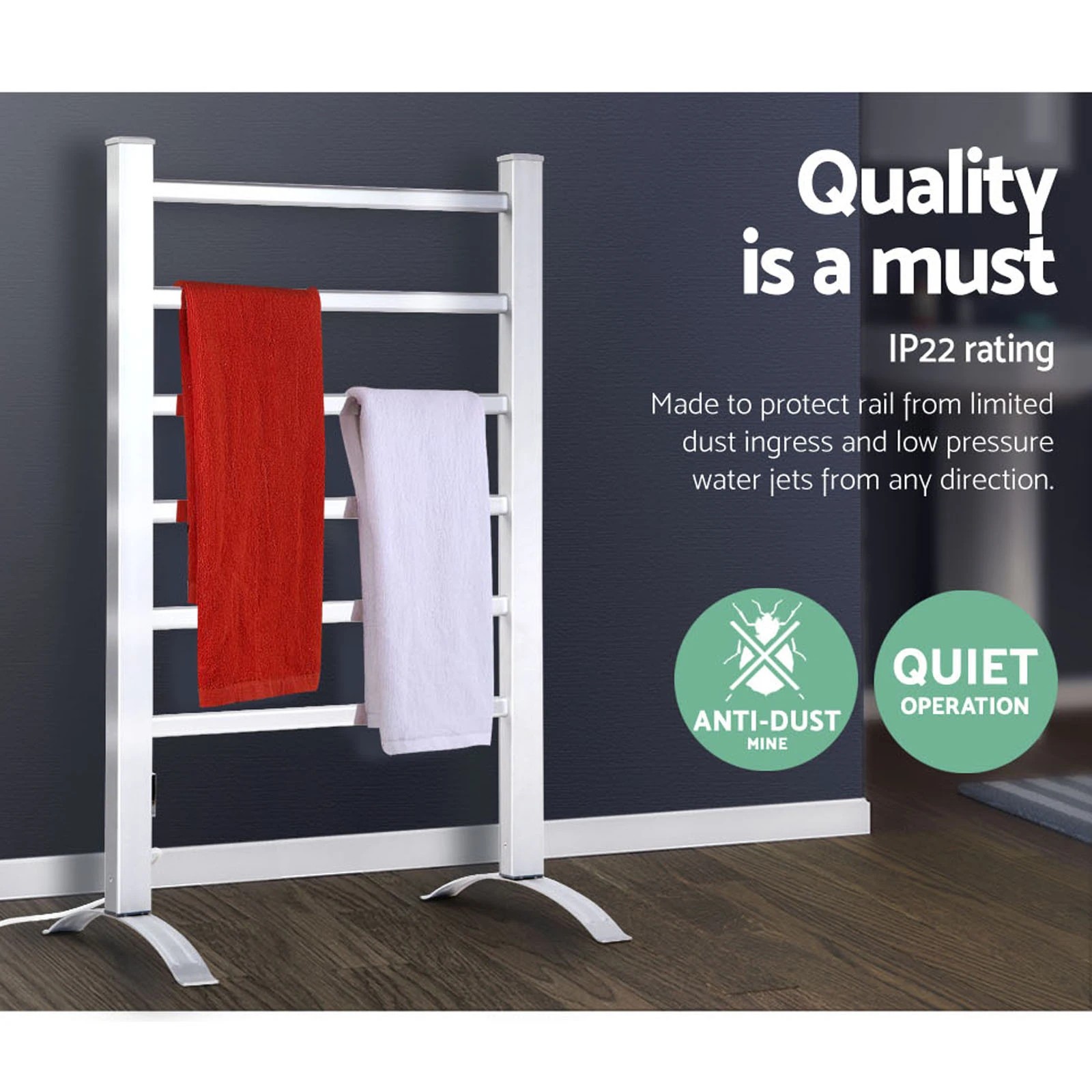 5 Devanti Electric Heated Towel Rail Rack 6 Bars With Timer Clothes Dry Warmer
 - Silver, 5 of 8