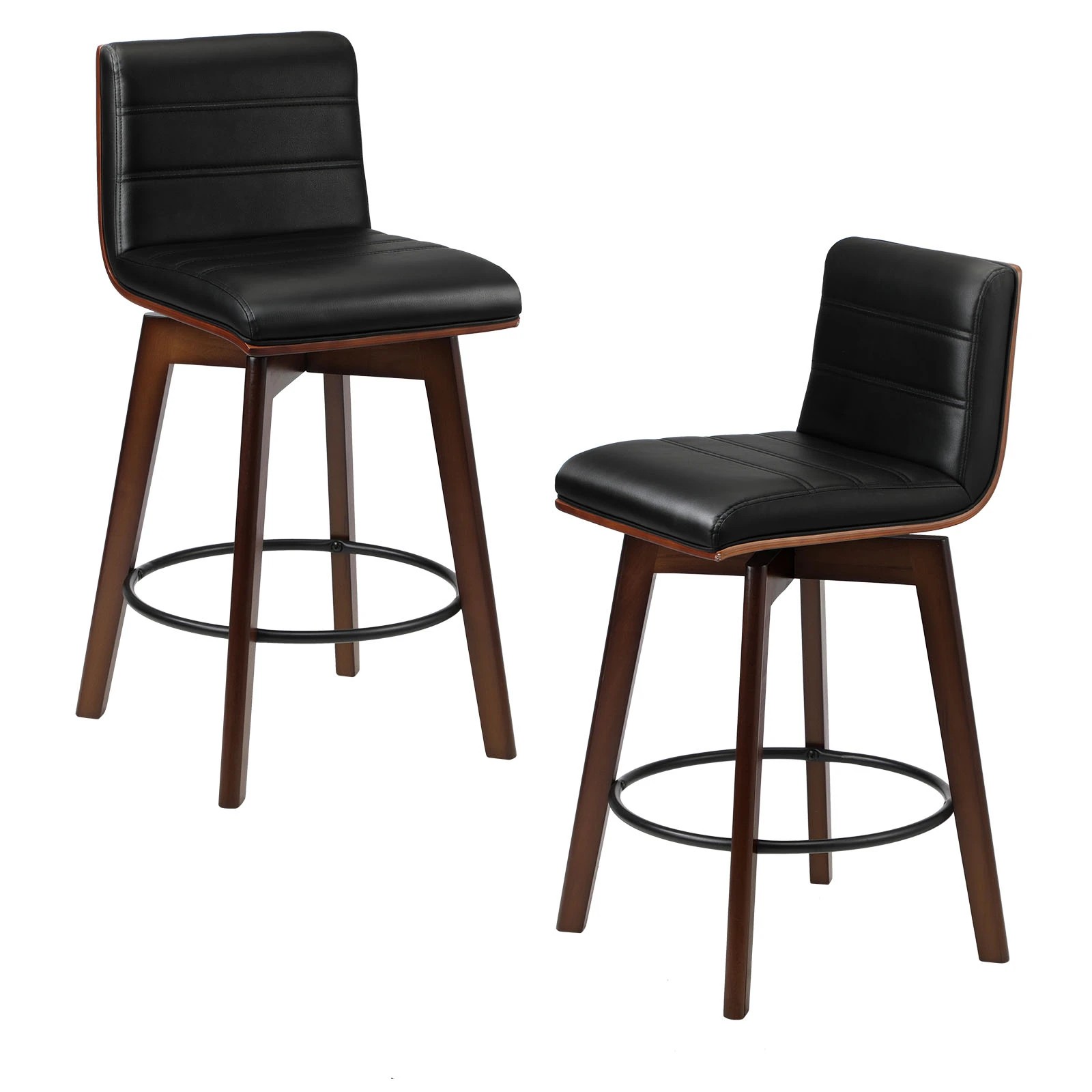 1 Oikiture 2x Wooden Bar Stools Kitchen Counter Swivel Dining Chair Pu Leather
 - Black, 1 of 9
