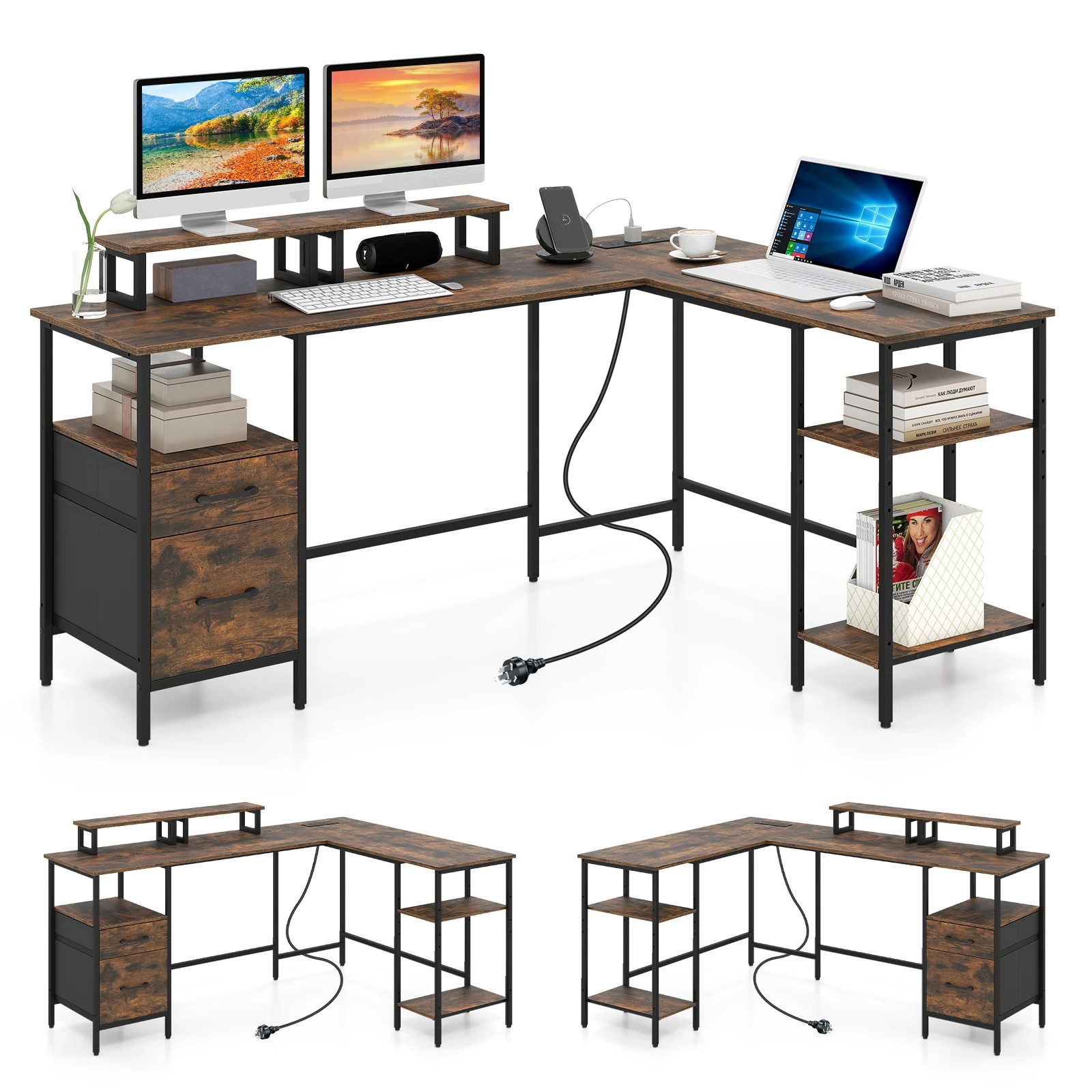 5 Costway L-shaped Home Office Desk w/Power Outlets Reversible Computer Desk, 5 of 5