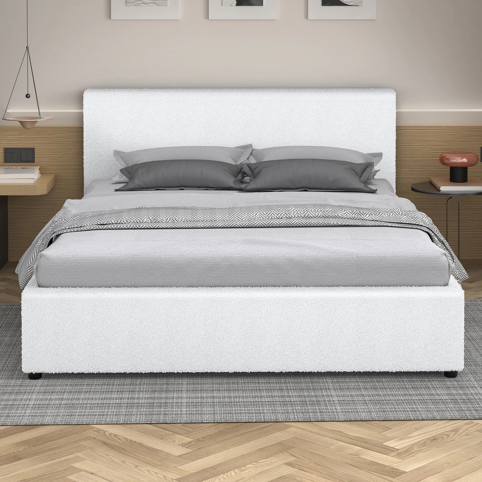 3 Alfordson Bed Frame King Size Gas Lift Storage Base Boucle Tricia - White, 3 of 10