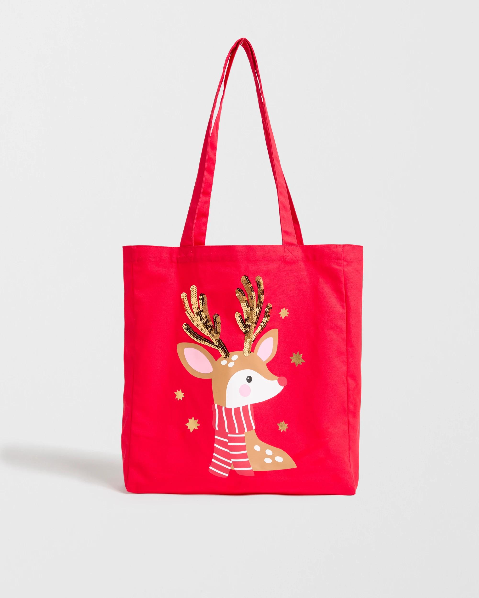 2 Target Woman Cotton Reindeer Christmas Tote Bag RED, 2 of 2