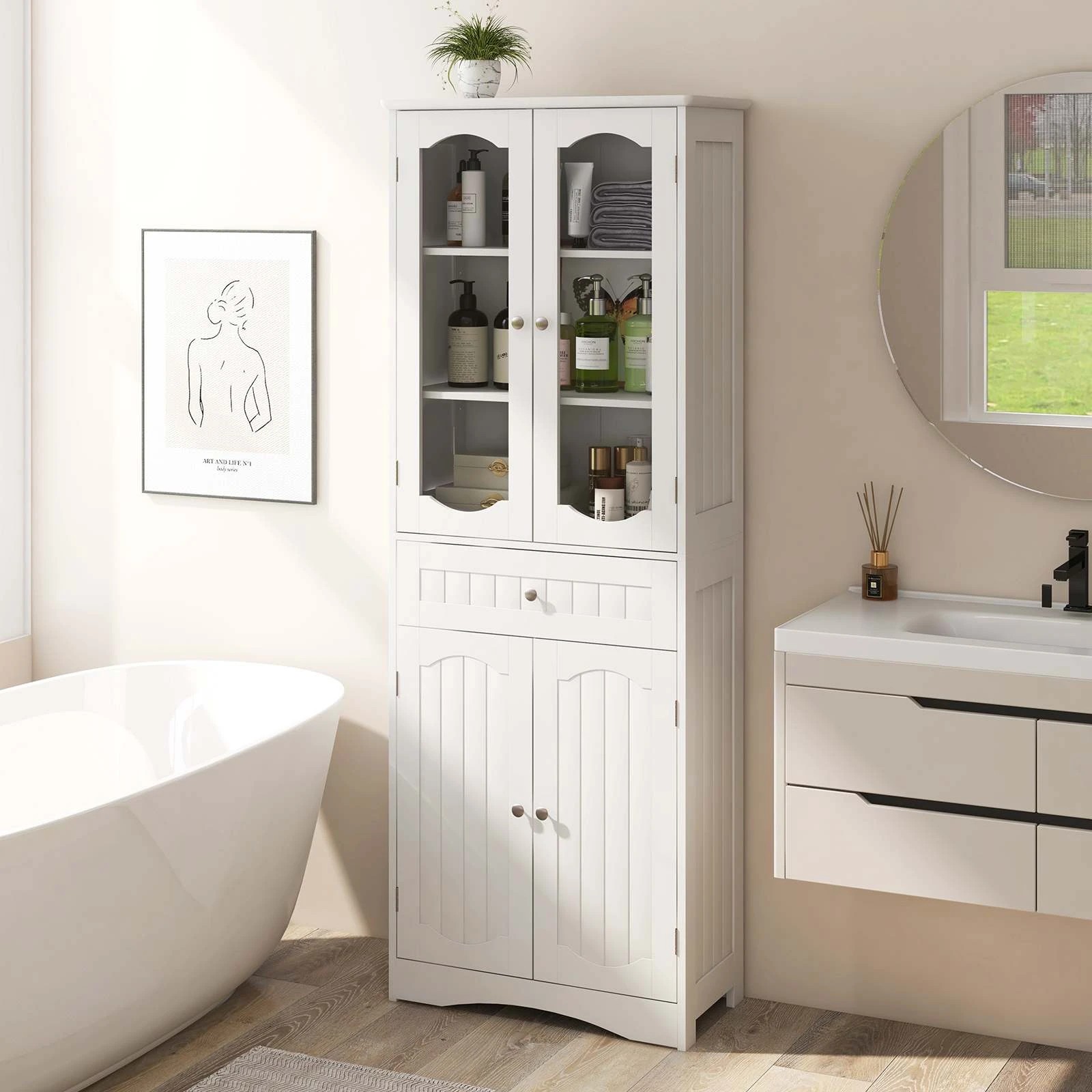 2 Costway 1.6M Tall Bathroom Storage Cabinet Freestanding Linen Cabinet, 2 of 4