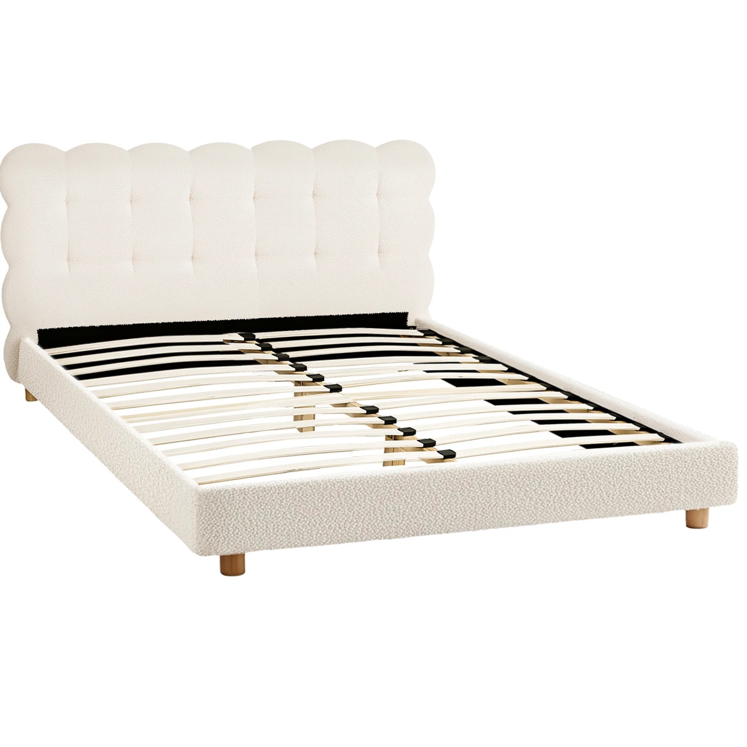 1 Artiss Double Bed Frame Cloud Headboard Boucle Fabric Mattress Platform Base - White, 1 of 7
