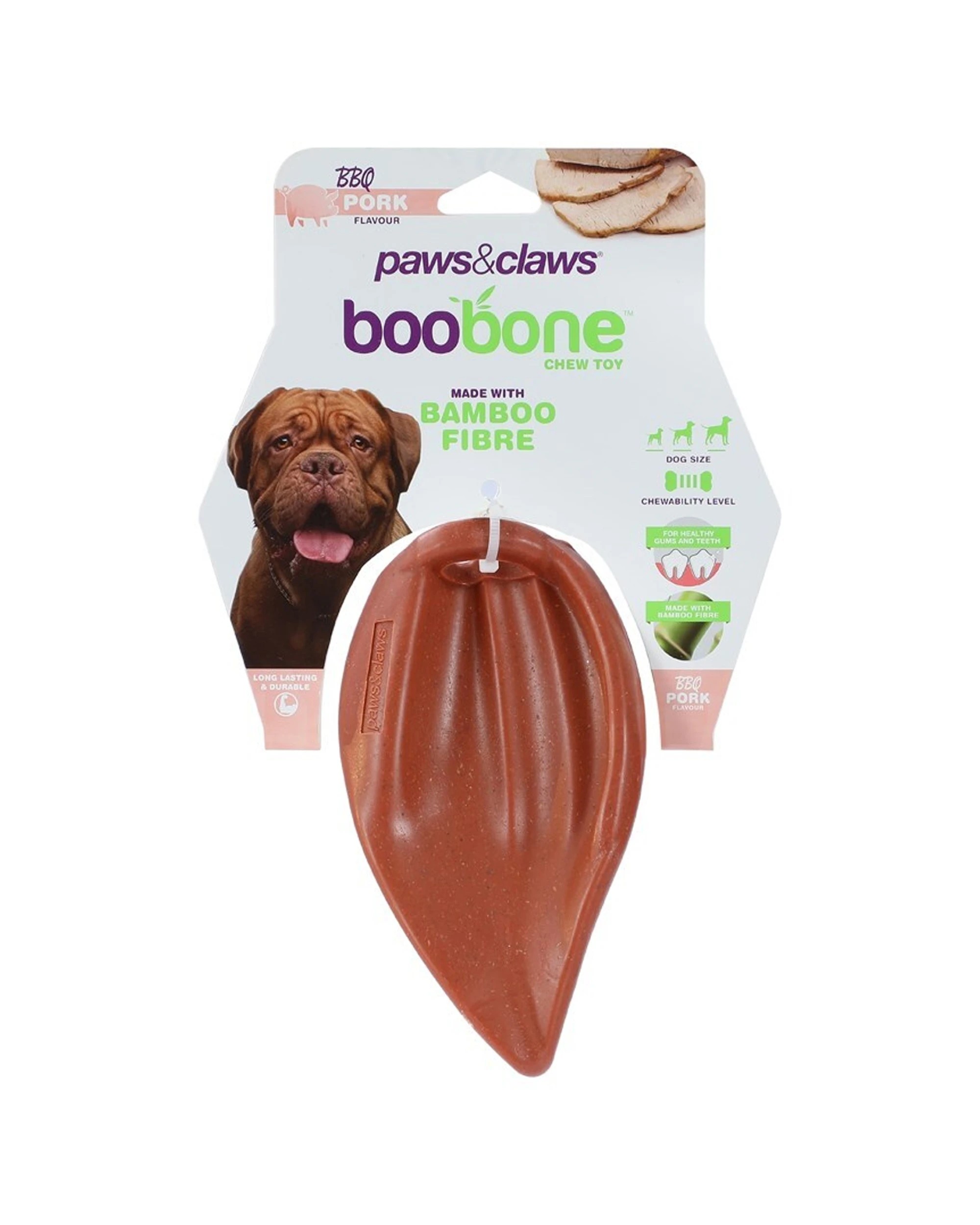 2 Paws And Claws BooBone 16cm Pigs Ear Chew Dog Toy 5 Pack BBQ Pork Bamboo Fibre - Brown, 2 of 3