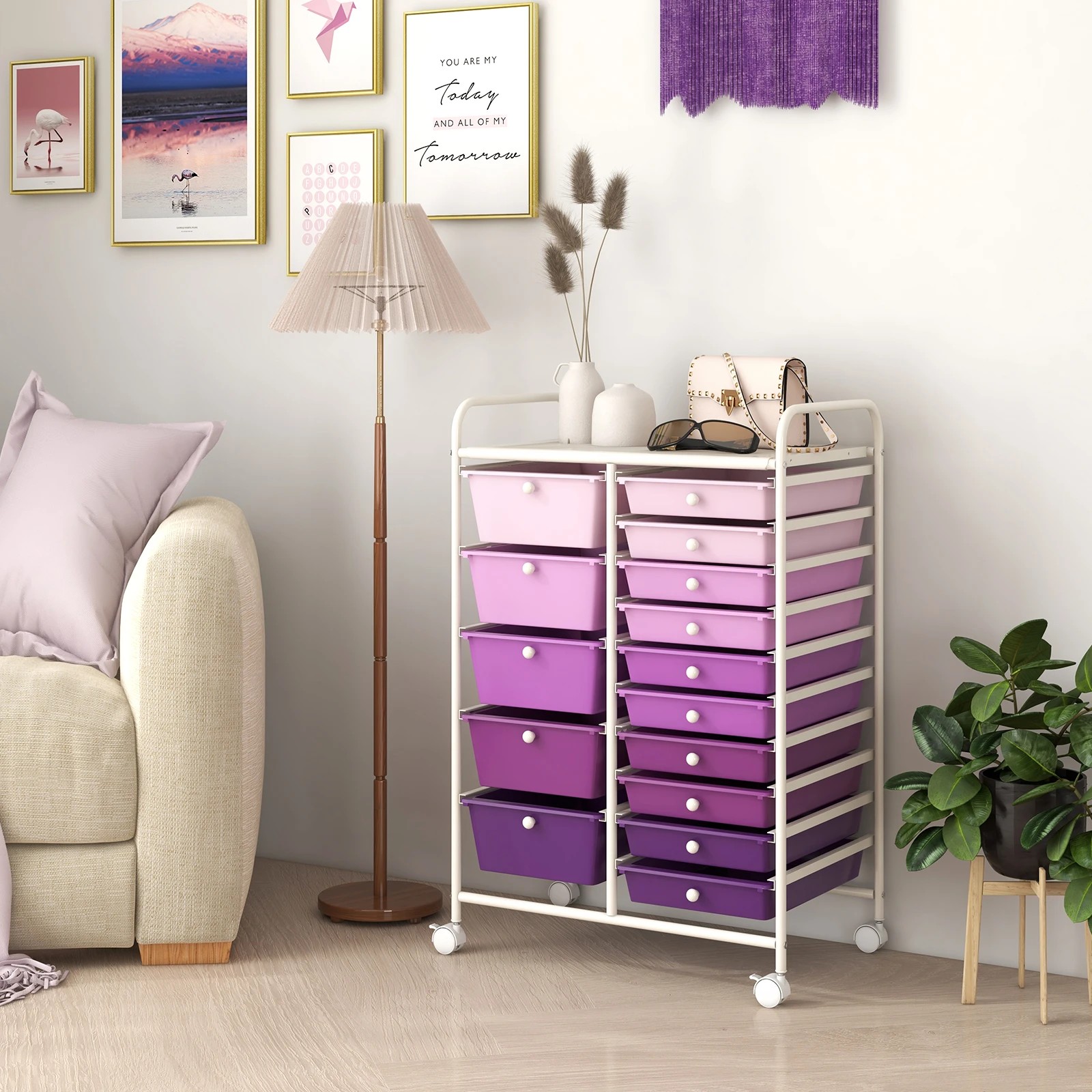 4 Costway 15 Drawers Rolling Storage Cart Mobile Utility Trolley - Purple, 4 of 6