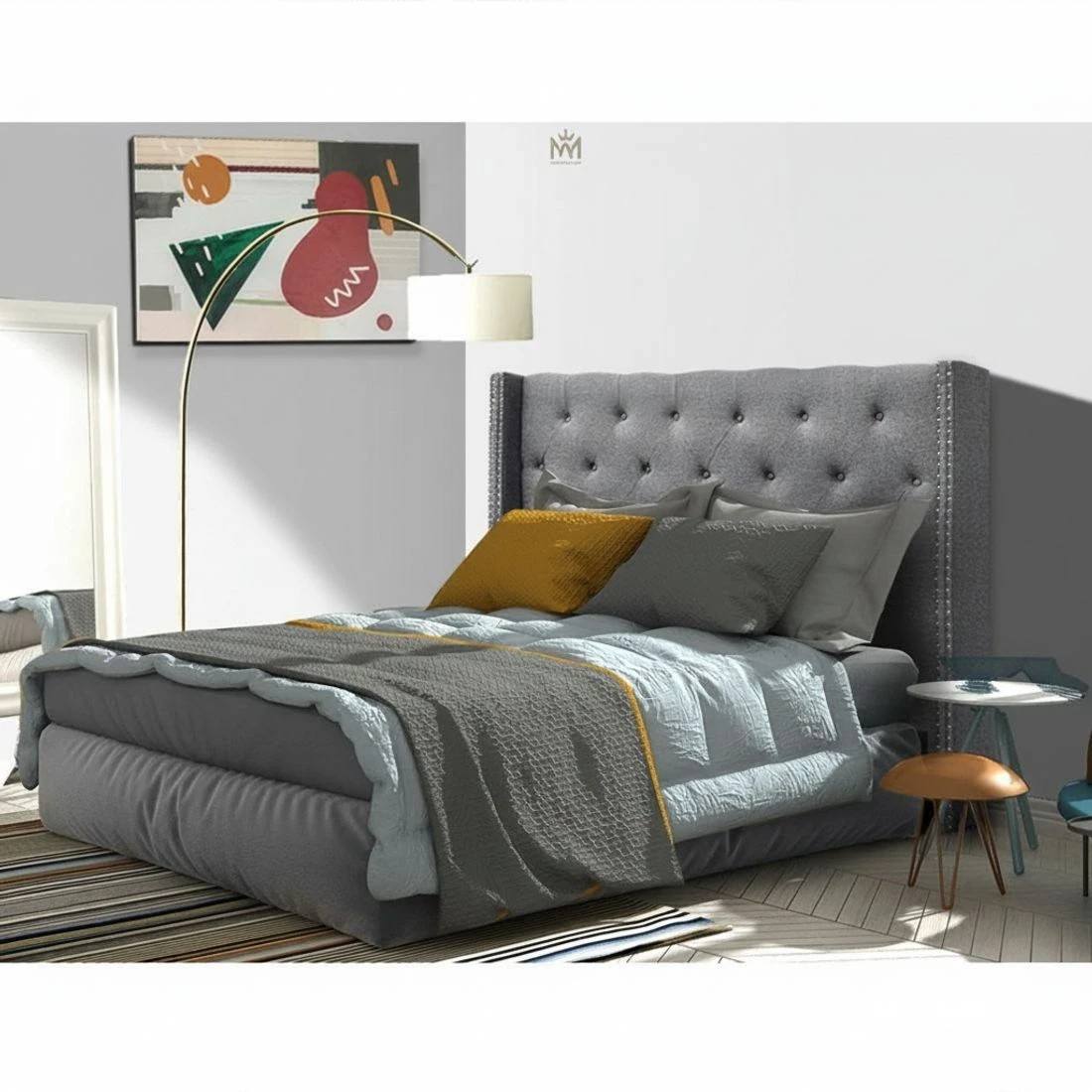 6 Artiss Luca Wingback Queen Bed Headboard Tufted Linen Fabric Padded Studded Design Modern Bedroom Comfort Accent - grey, 6 of 7