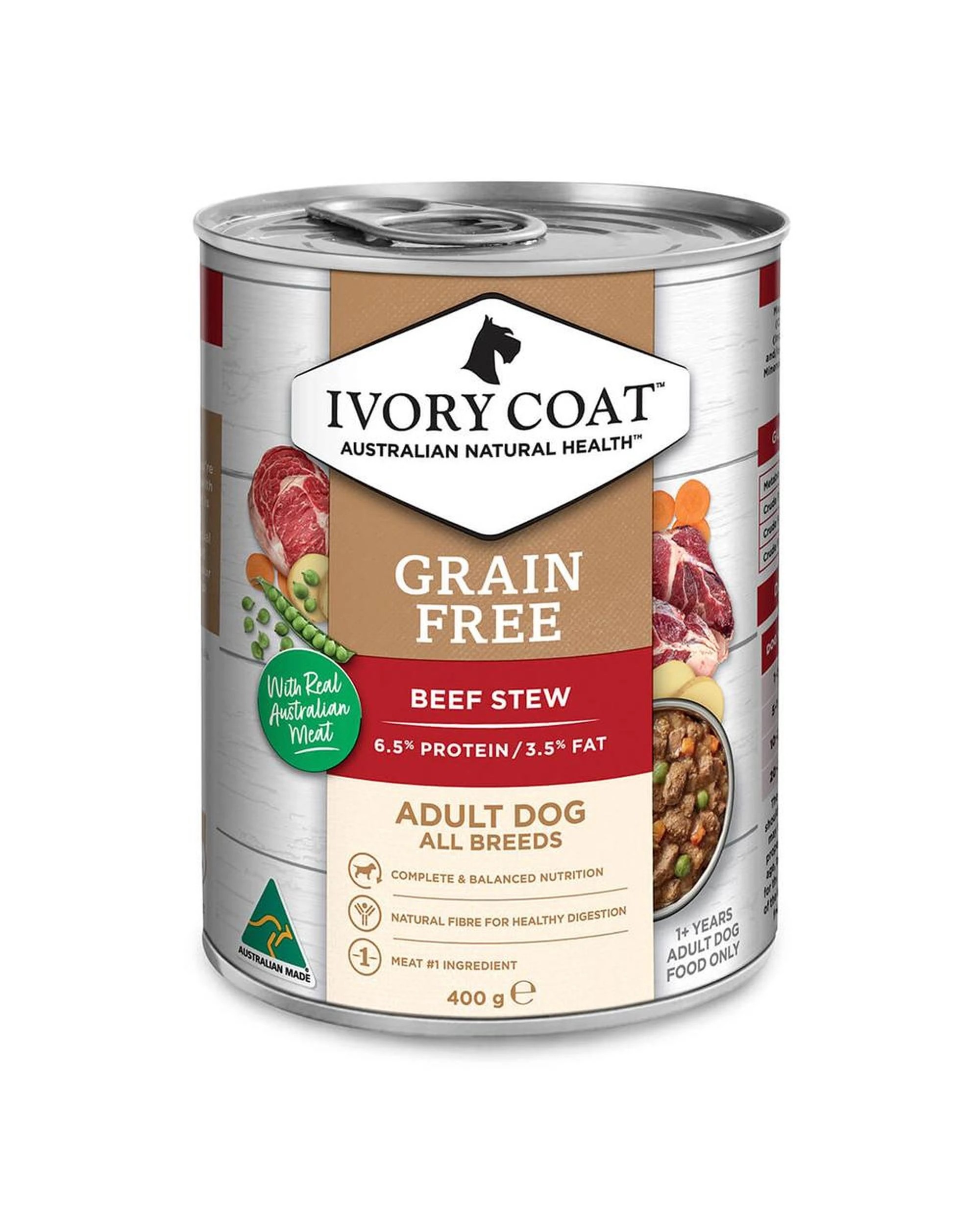 1 Ivory Coat Adult All Breeds Grain Free Wet Dog Food Beef Stew 12 x 400g, 1 of 9