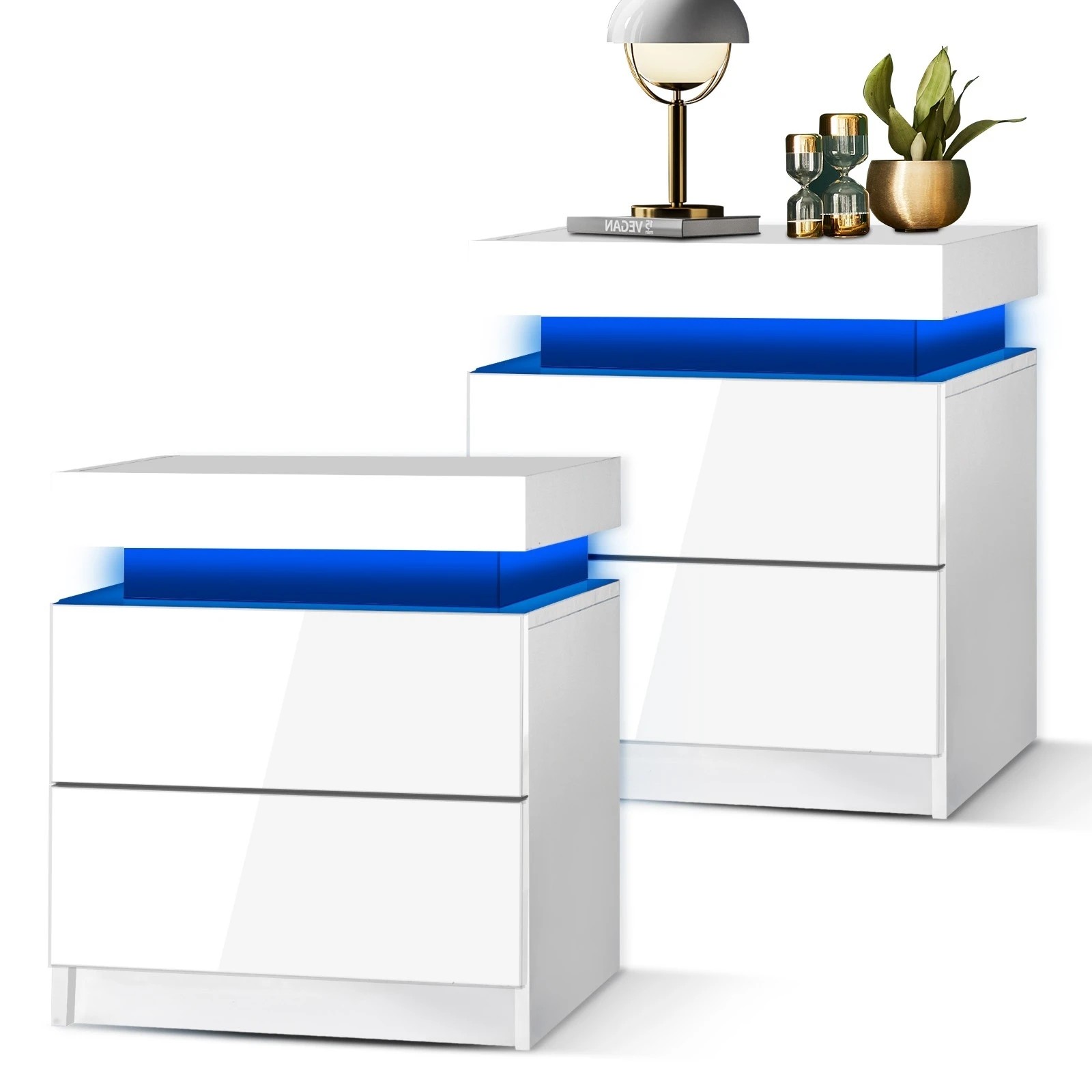1 Oikiture Bedside Tables Set of 2 LED Nightstand Cabinet Drawers Side Table - White, 1 of 4