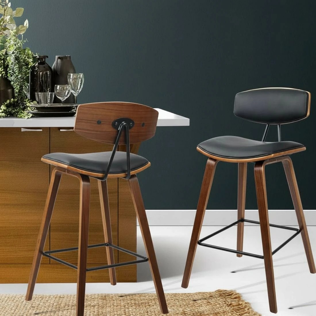 6 Artiss 2x Bar Stools Leather Padded w/Backrest - Black, 6 of 8