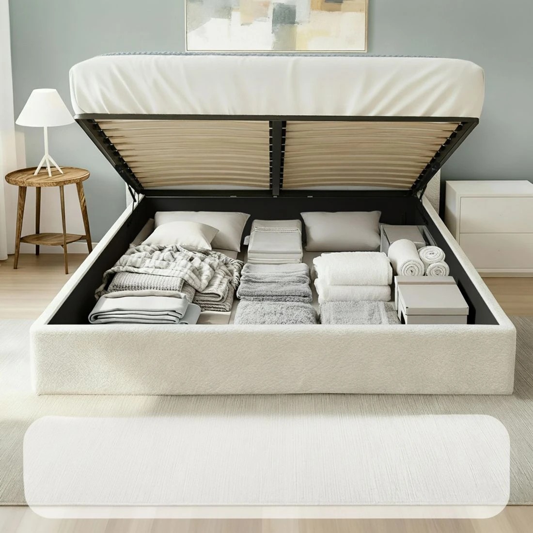 4 Artiss Queen Bed Frame with Gaslift Storage Wooden Platform Mattress Base Boucle Upholstered - White, 4 of 6