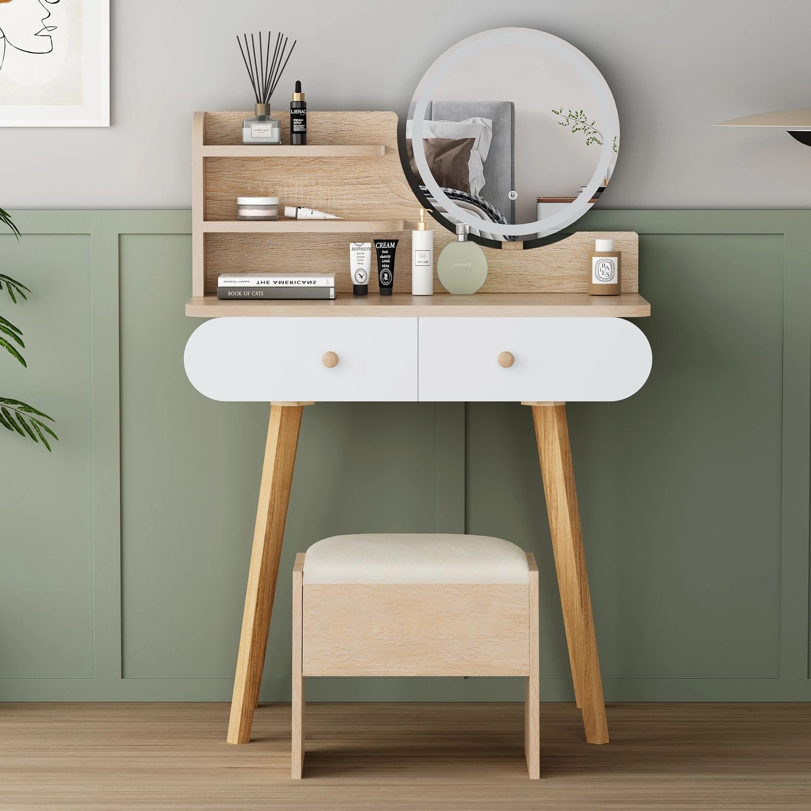 3 Alfordson Dressing Table Stool Set Makeup Mirror Desk LED Wood, 3 of 10