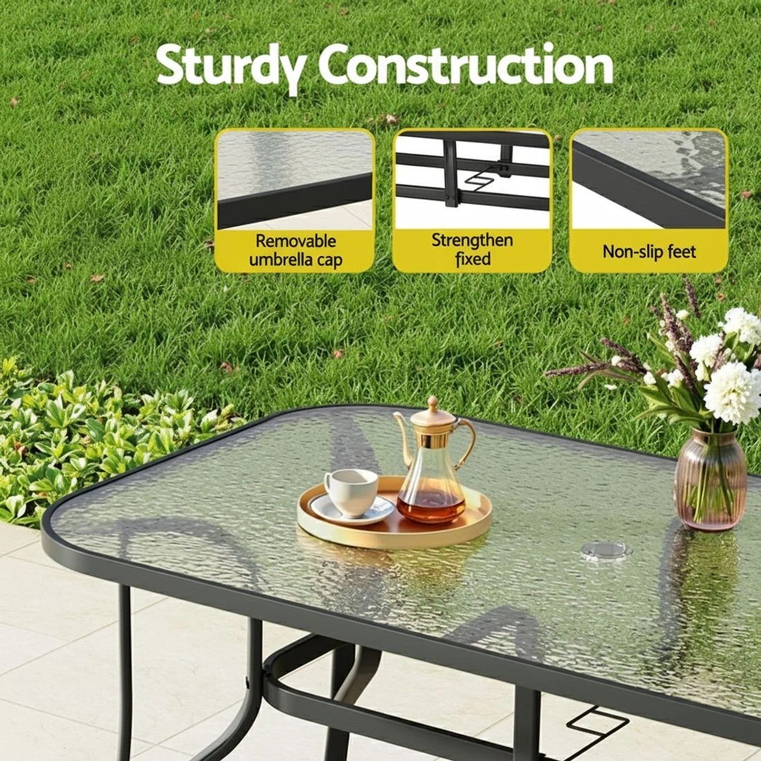 5 Gardeon 140CM Outdoor Dining Table Steel Frame Tempered Glass Parasol Hole - Black, 5 of 6