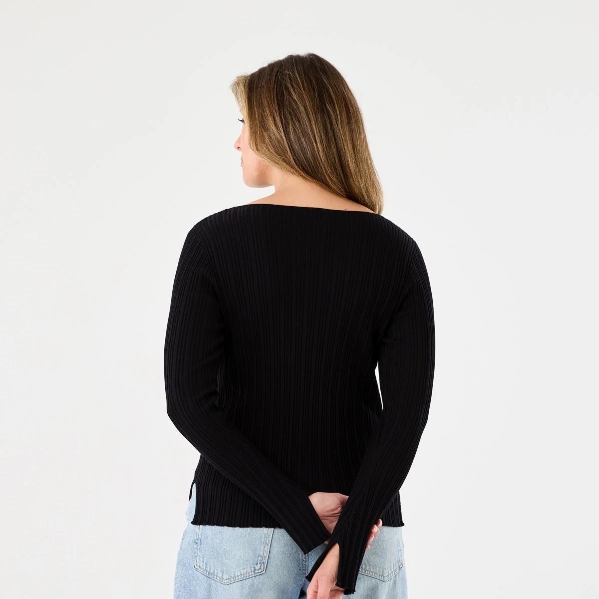 3 Long Sleeve Rib Boat Neck Top BLACK, 3 of 7