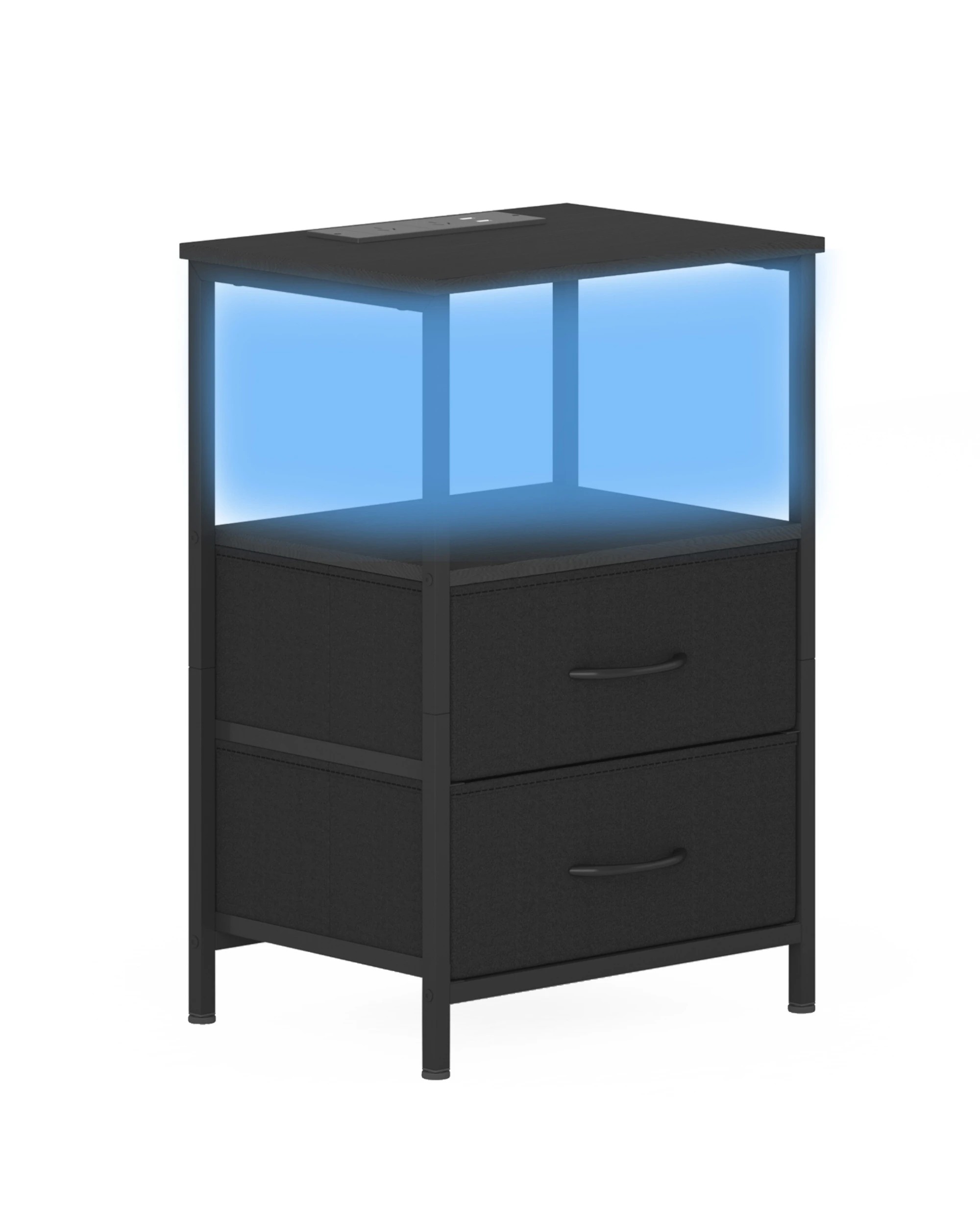 1 Advwin Led Bedside Table with Charging Station 2 Fabric Drawers - Black, 1 of 4