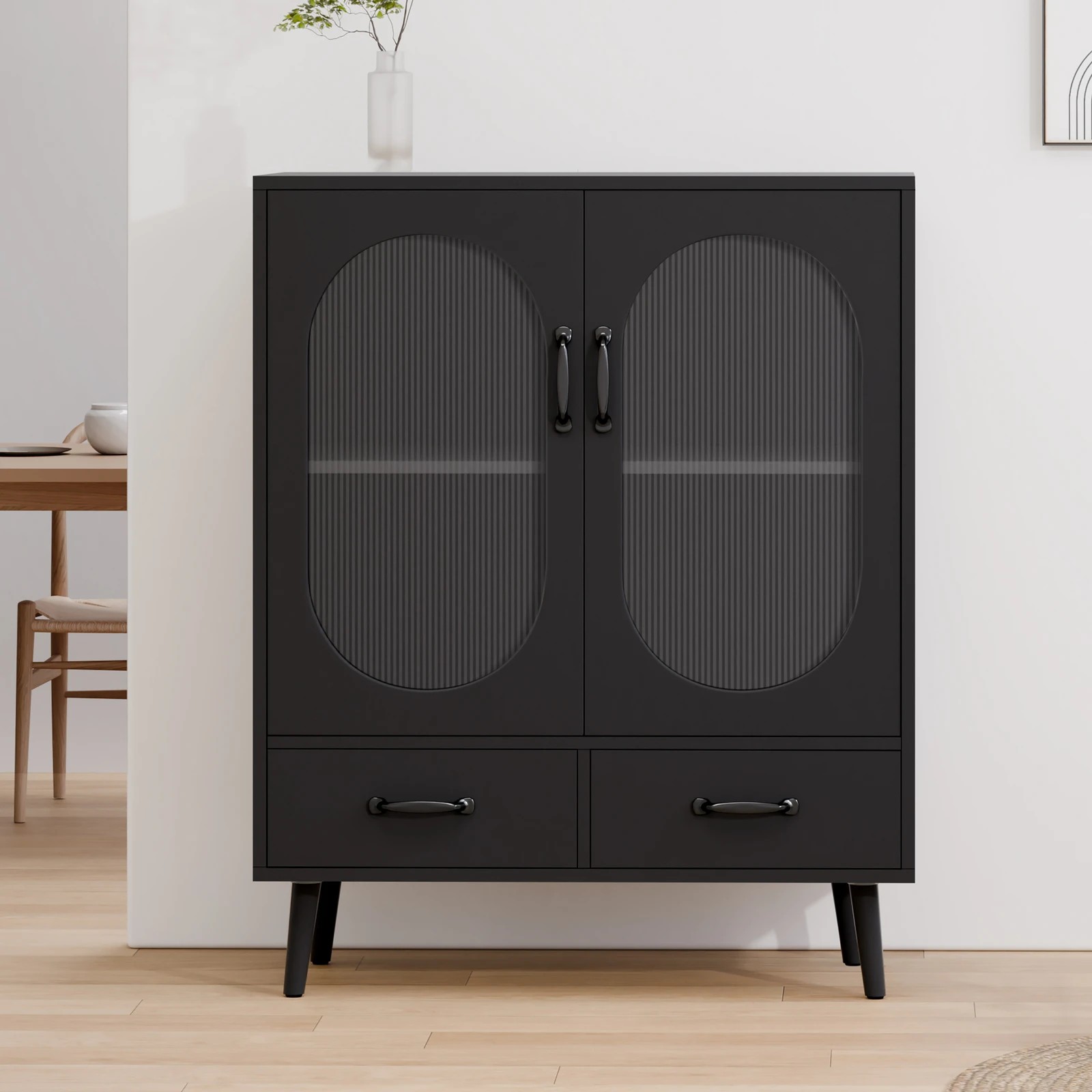 9 Alfordson Buffet Sideboard 2 Drawers Storage Cabinet Fluted Doors Cupboard - Black, 9 of 9
