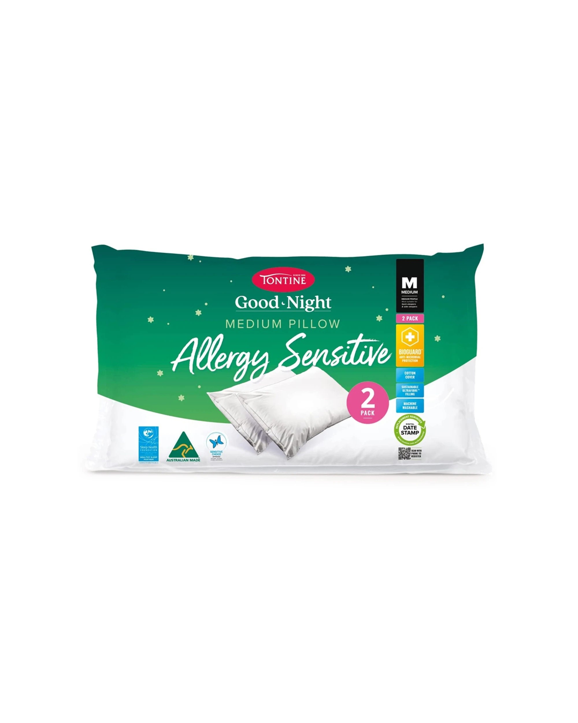 1 2pc Tontine Good Night Allergy Pillow Medium Profile - White, 1 of 6