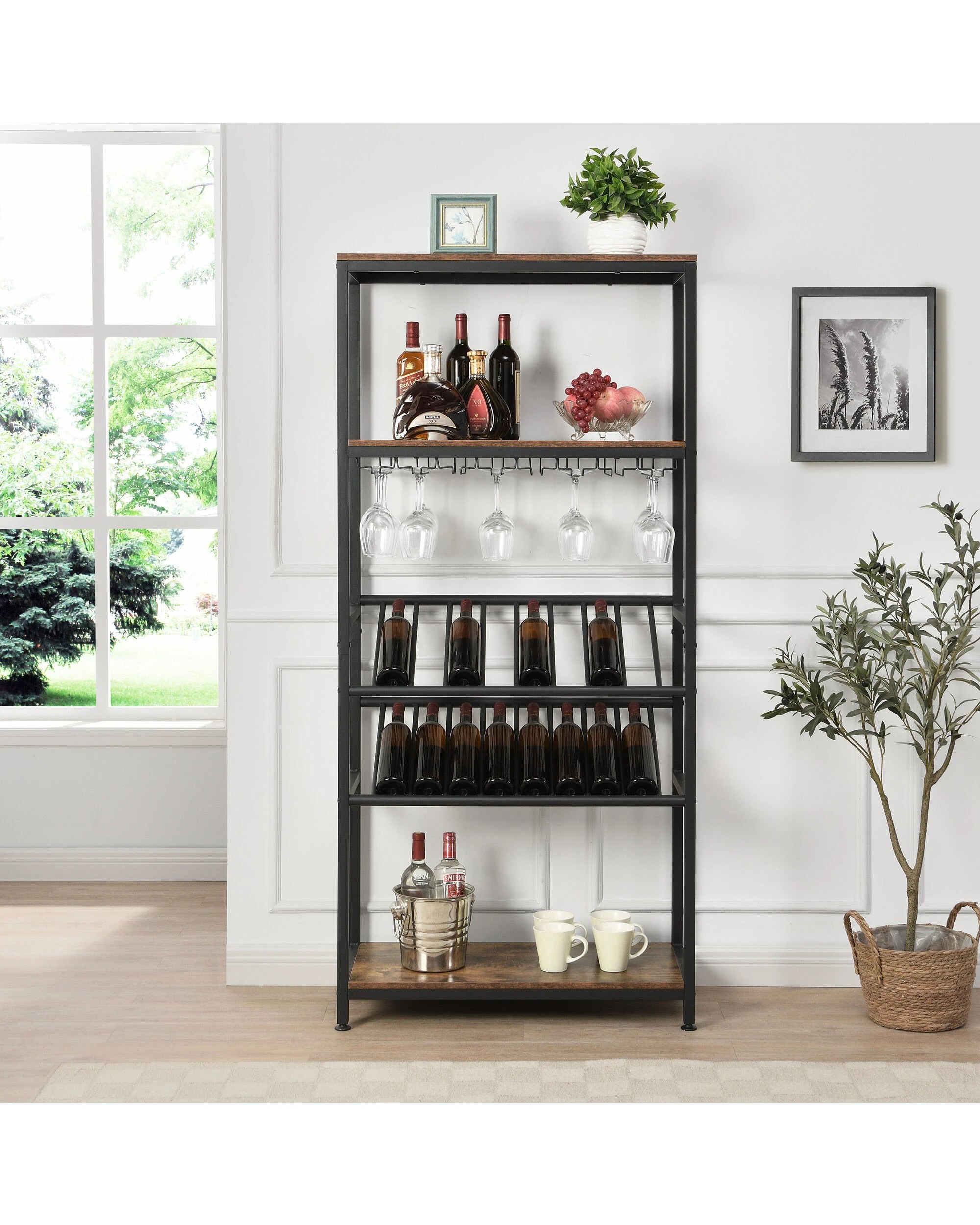 4 IHOMDEC 5 Tier Wine Rack with Faux Antique Wood Finish, Holds 16 Bottles and 24 Glasses, 4 of 5