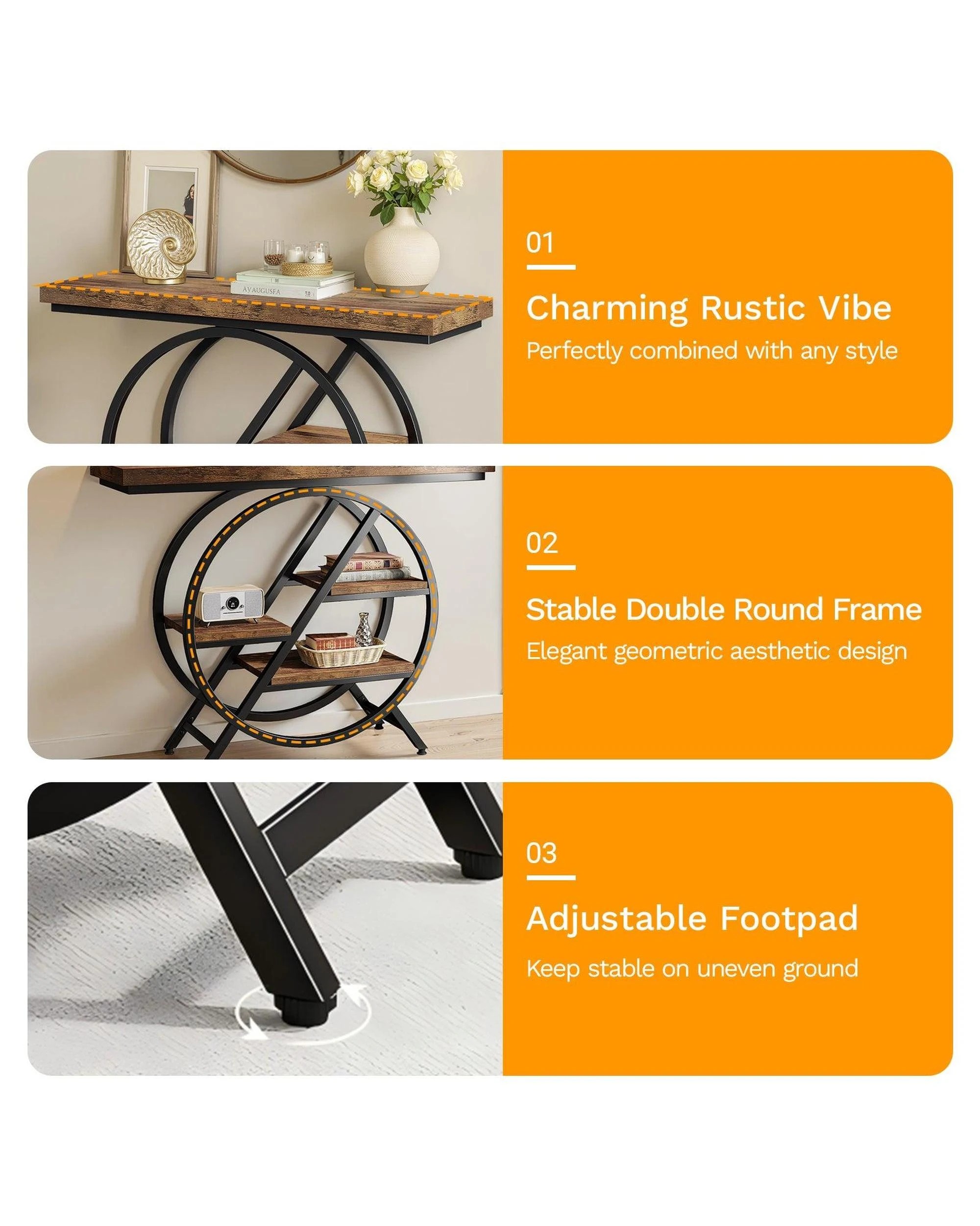 6 OAKORY 100cm Console Table, 4-Tier Industrial Hallway Table with Metal Frame, Rustic Brown, 6 of 7