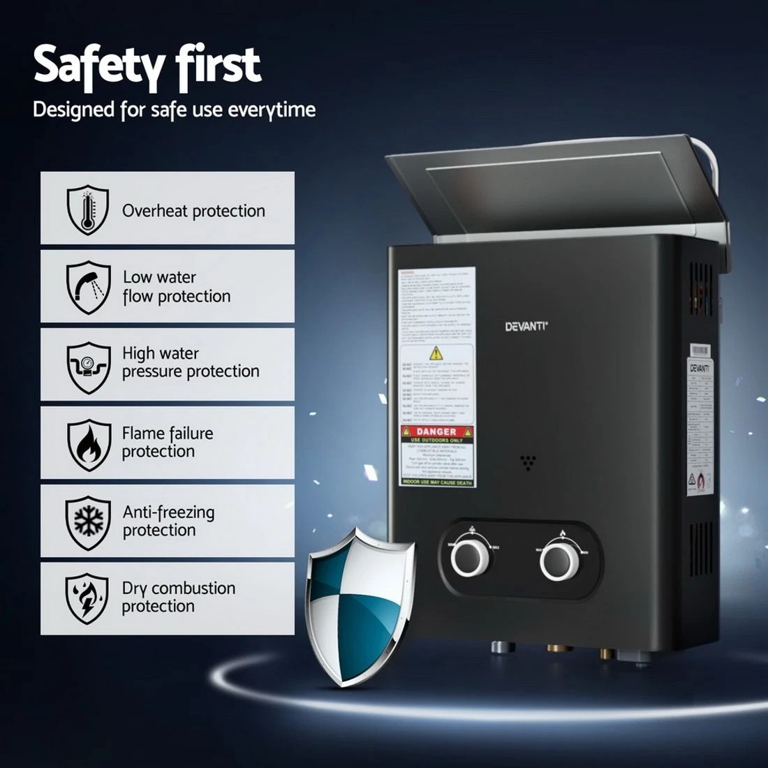 6 Devanti Portable Gas Water Heater LPG-powe System  With - Black, 6 of 7