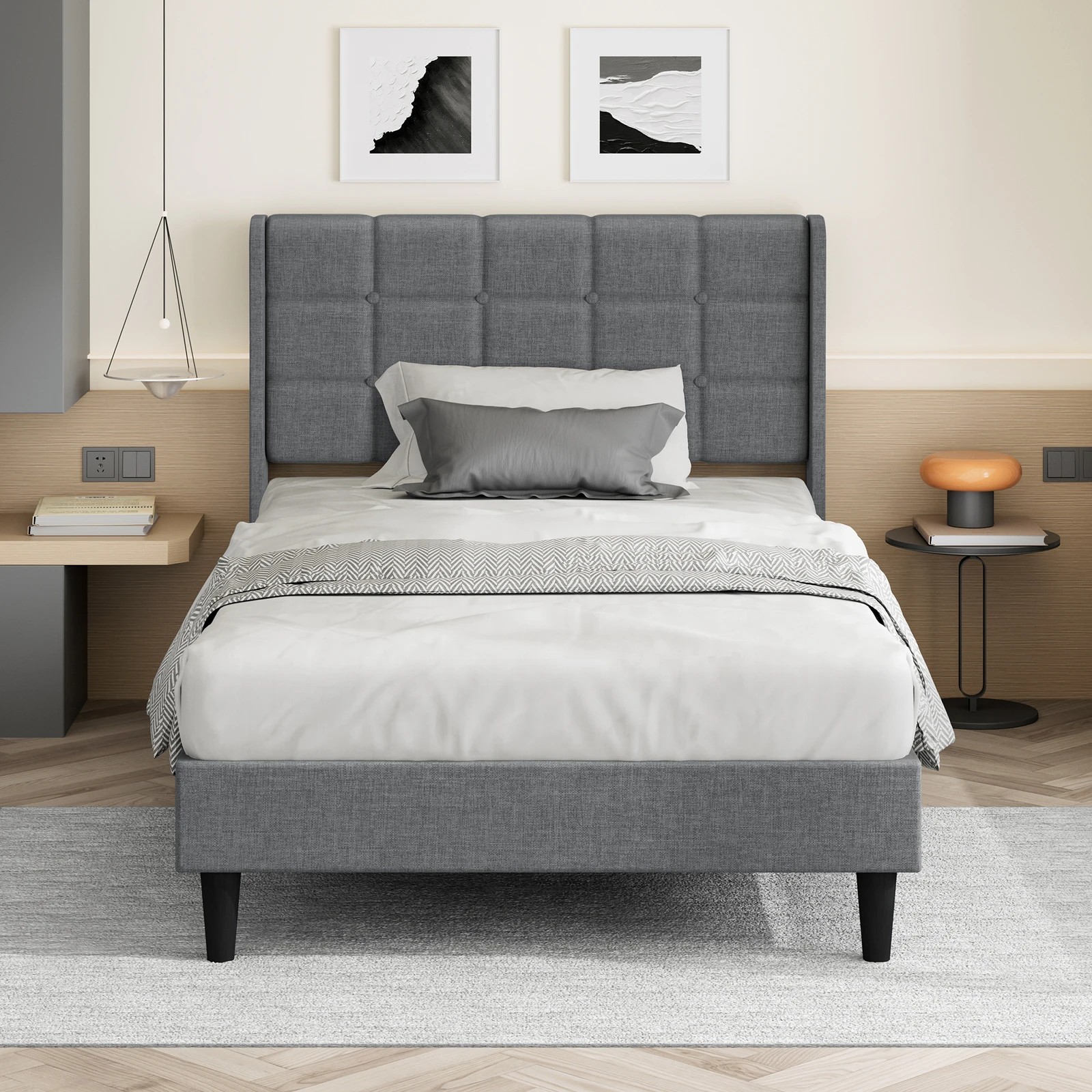 3 Alfordson Bed Frame Single Size Upholstered Wingback Base Fabric Sarah - Grey, 3 of 10