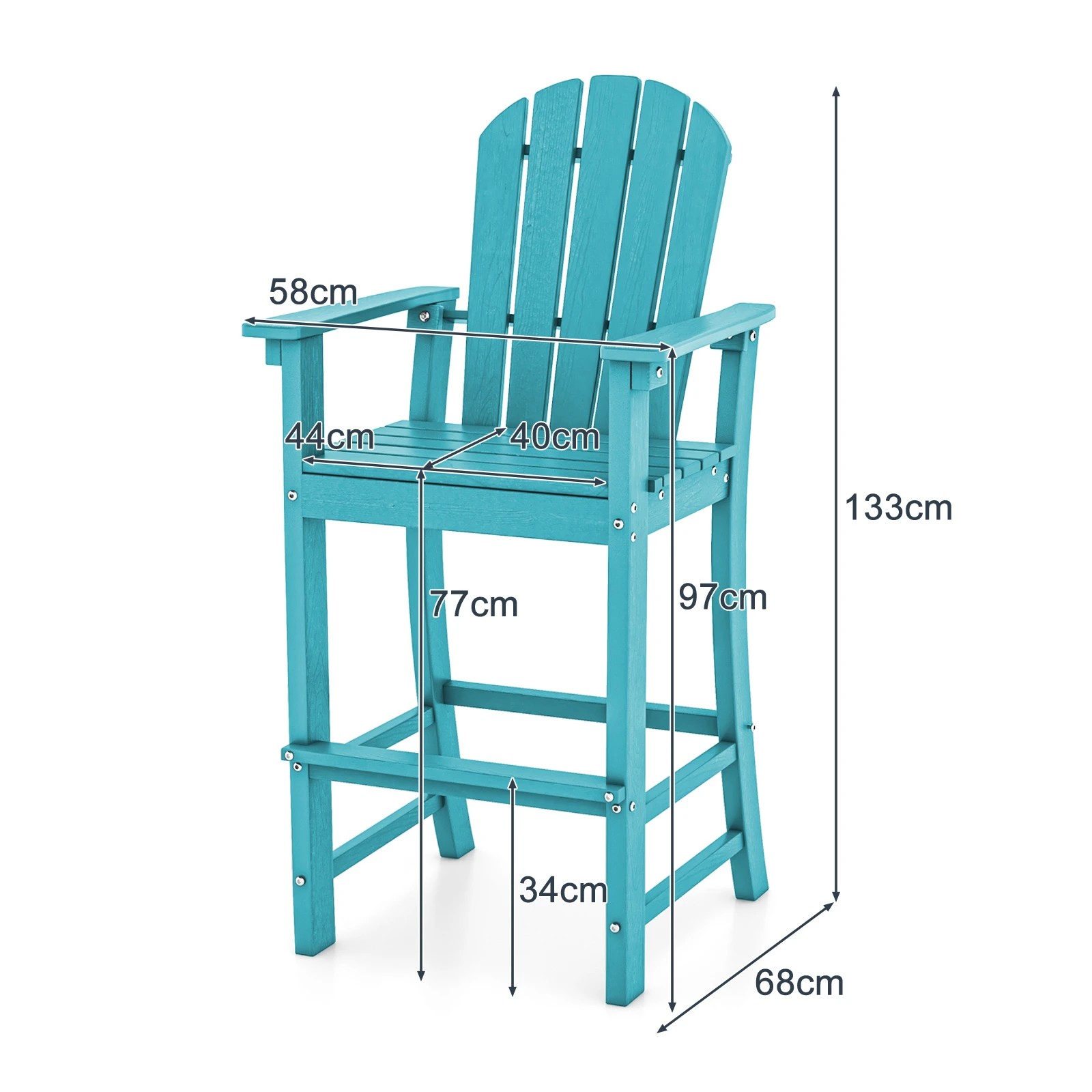 2 Costway 1.33M Tall HDPE Bar Stool Outdoor Adirondack Chair w/Footrest, 2 of 3