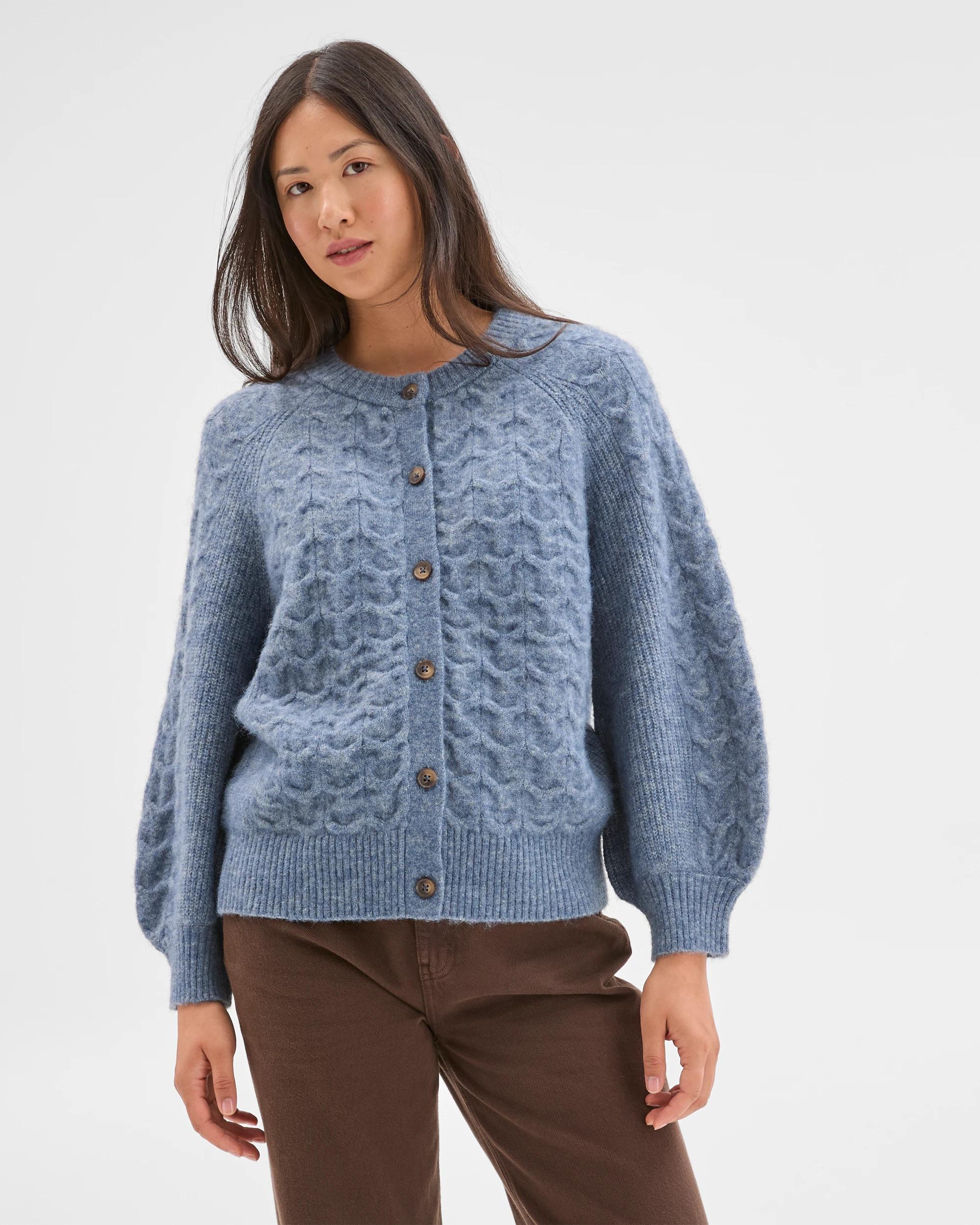 1 Target Woman Cable Knit Bell Sleeve Cardigan BLUE FOG, 1 of 8