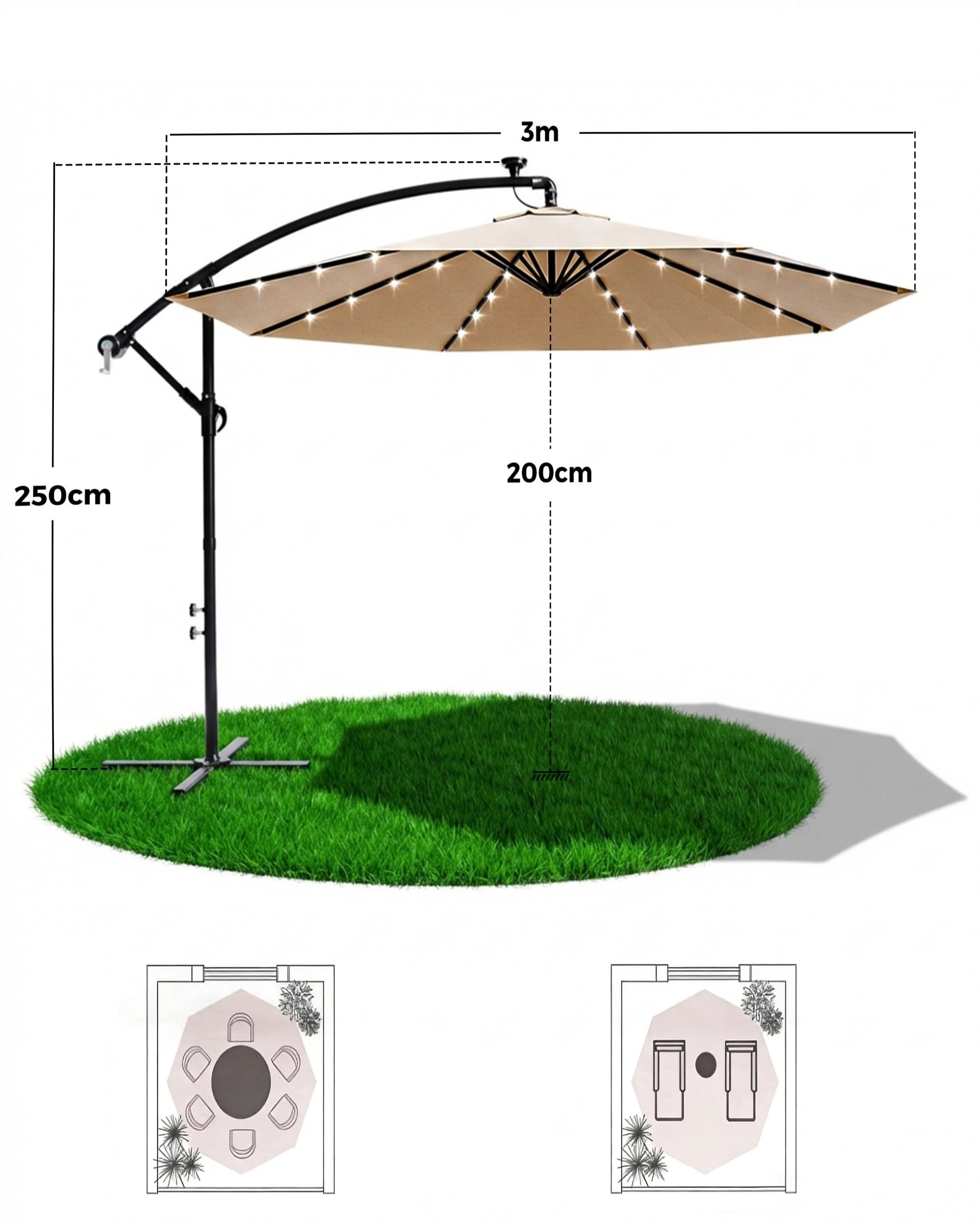 2 Advwin Outdoor Umbrella Cantilever 3m with Solar LED Lights - Beige, 2 of 8