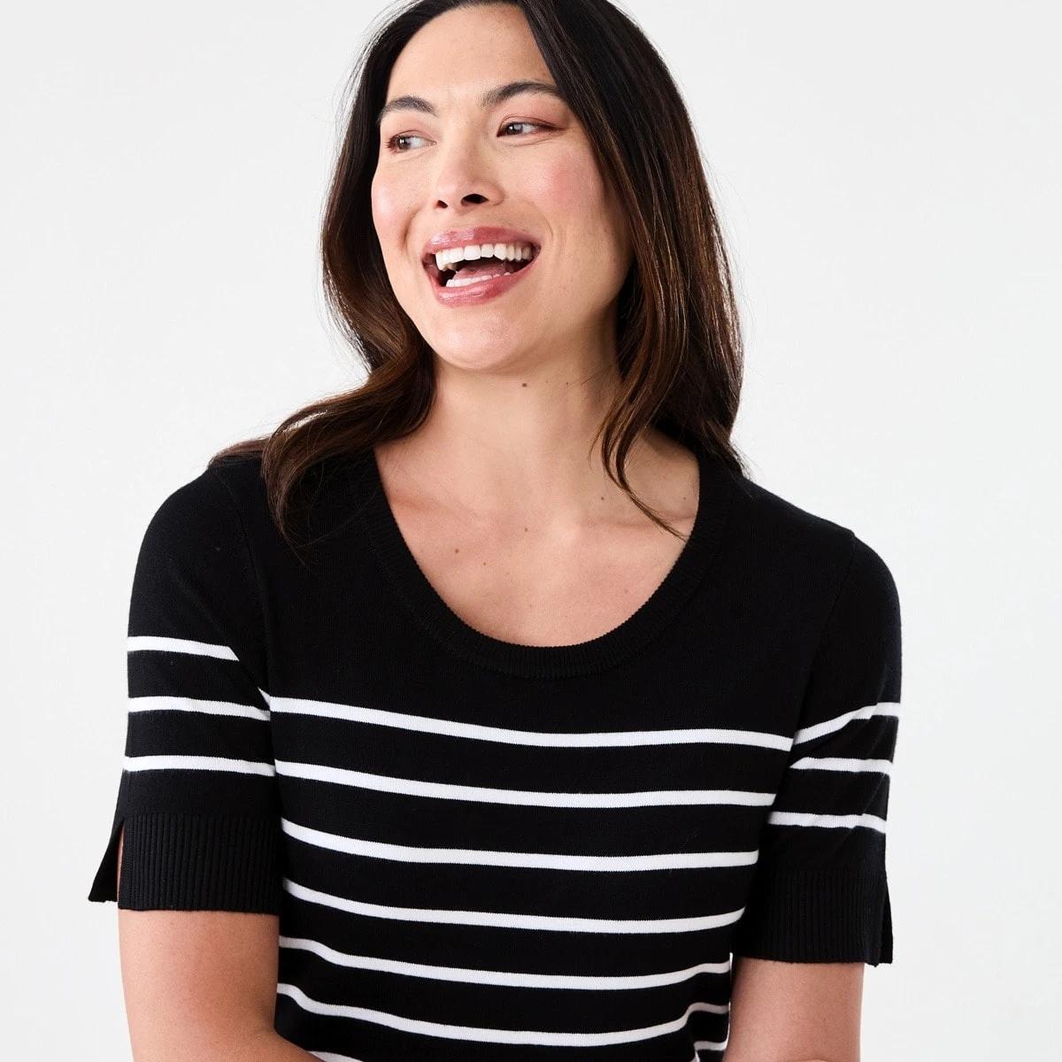 4 Short Elbow Sleeve Scoop Neck Top Ecru Strp, 4 of 6