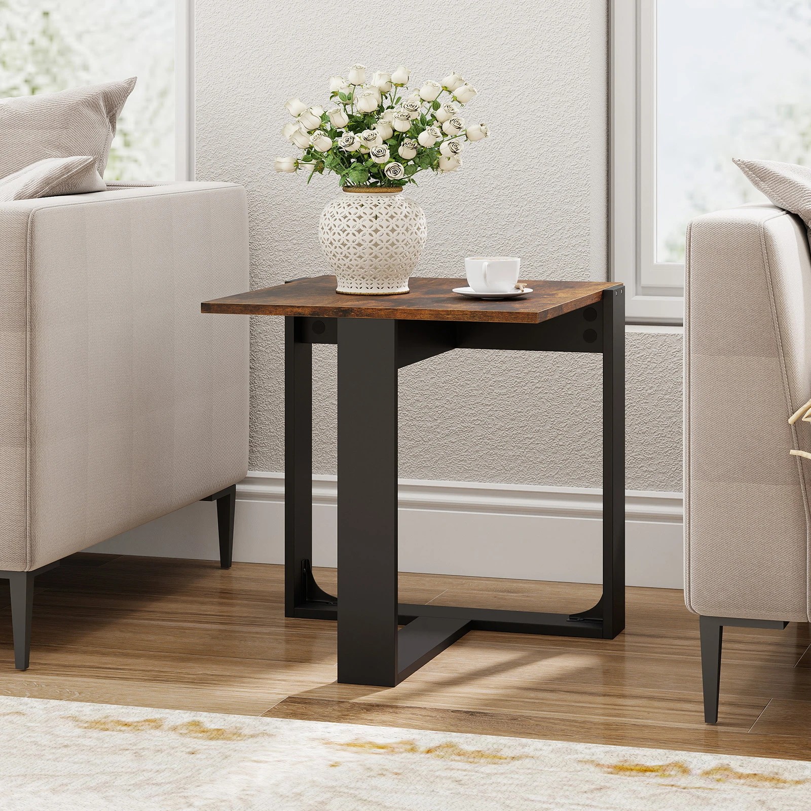 4 Costway Square End Table Industrial Sofa Side Table w/Metal Frame Nightstand, 4 of 5