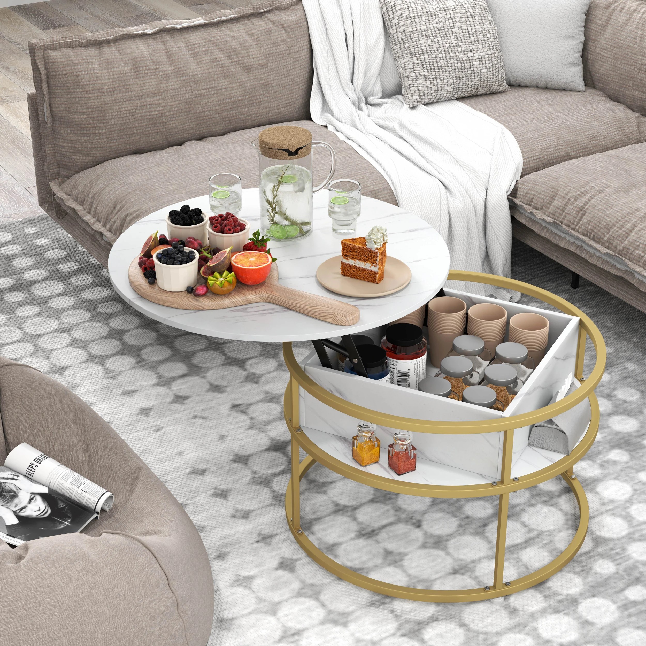 3 Costway Lift Top Coffee Table 2-Tier Round Center Cocktail Table w/Hidden Compartment, 3 of 4