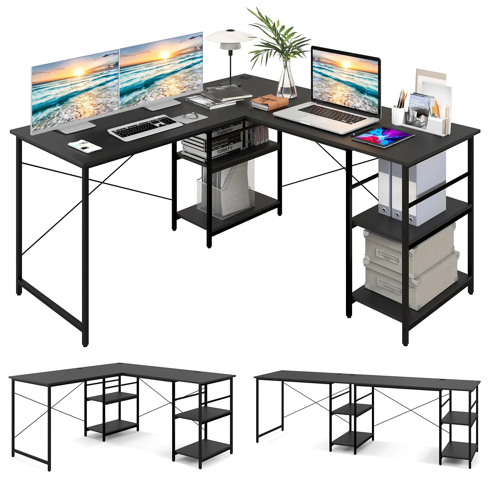 2 Costway L-shaped Computer Desk 2-Person Convertible Corner Desk w/Storage Shelves, 2 of 4