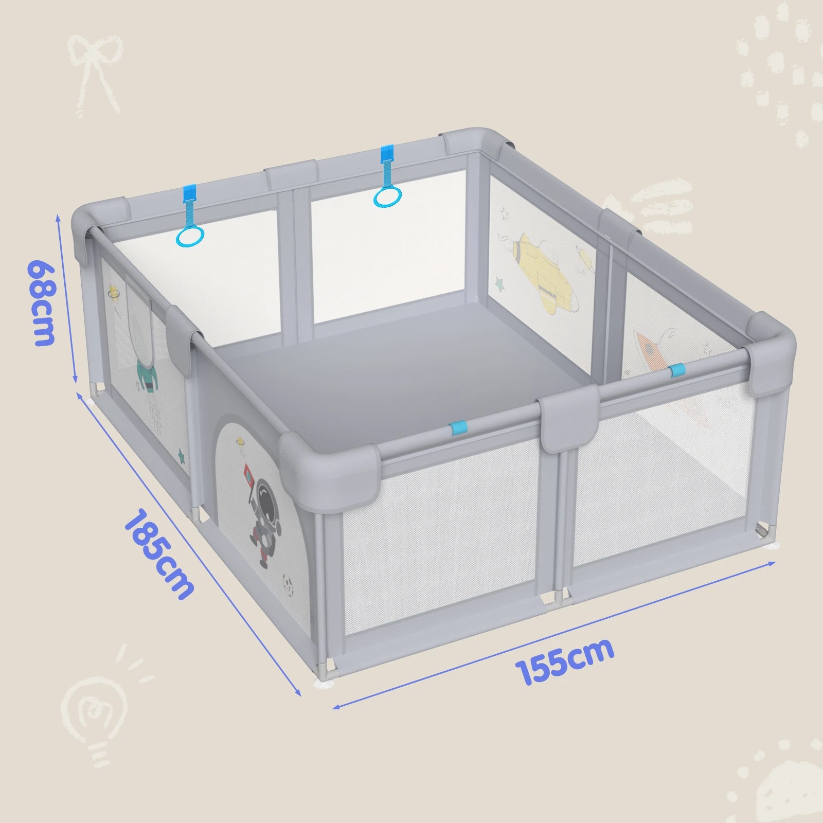 4 Advwin 155x 185cm Large Baby Playpen with Anti-Slip Base 2 Pull Ring - Grey, 4 of 4