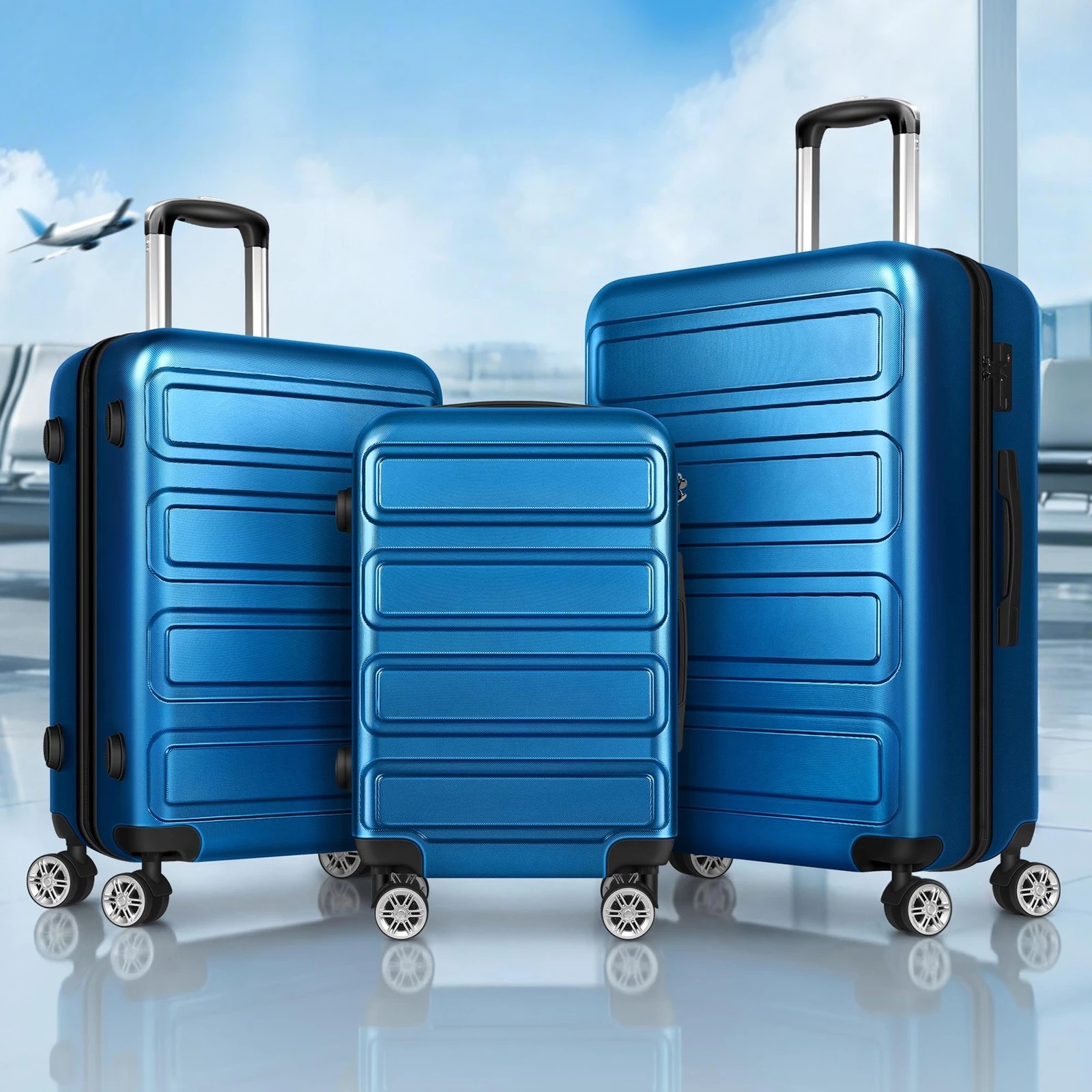 2 Alfordson Luggage 3PCS Set Suitcase ABS+PC Trolley TSA Hard Shell Case - Blue, 2 of 10