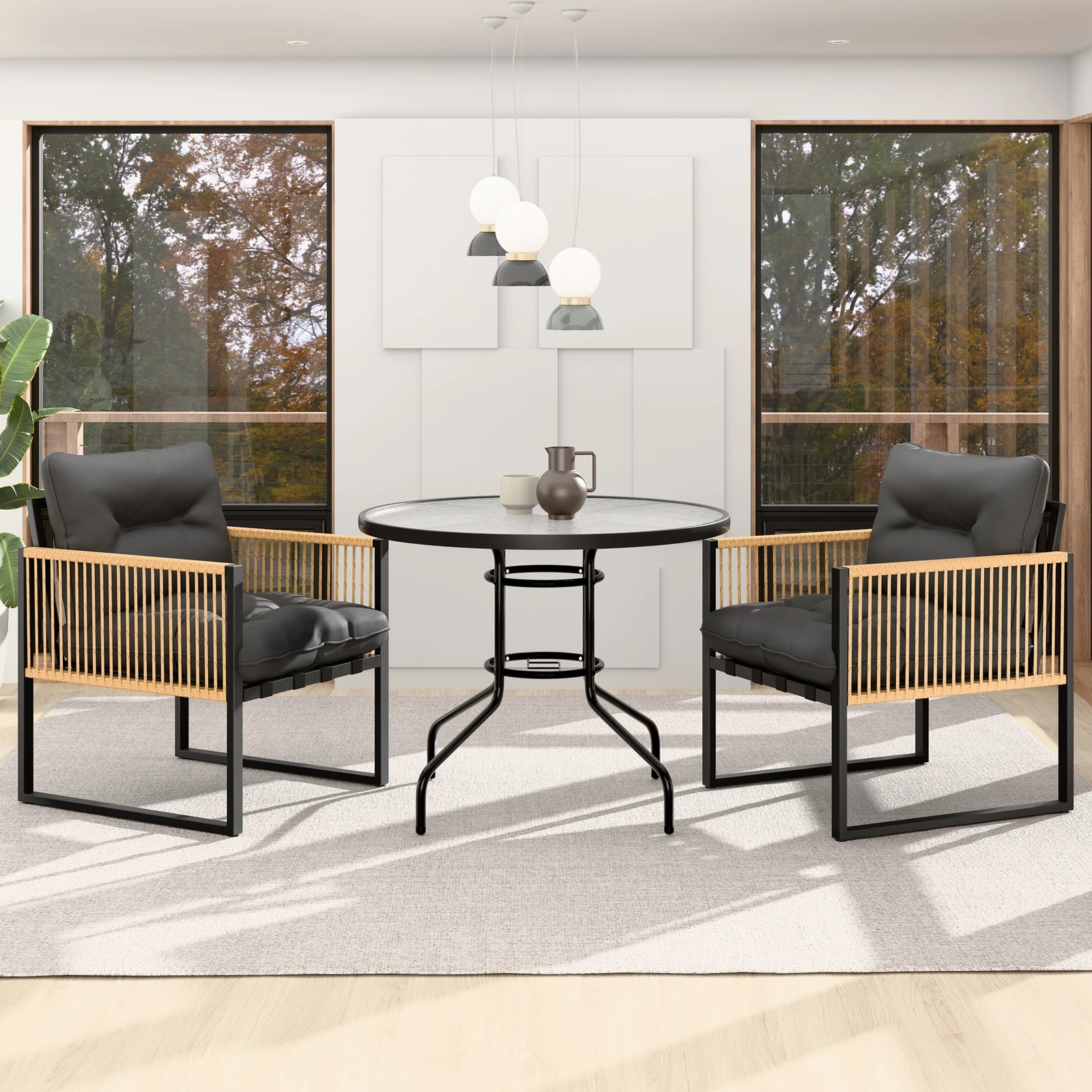 4 Alfordson Outdoor Furniture Dining Table Lounge Chairs Set Glass Wicker Loveseat - Black Grey, 4 of 10