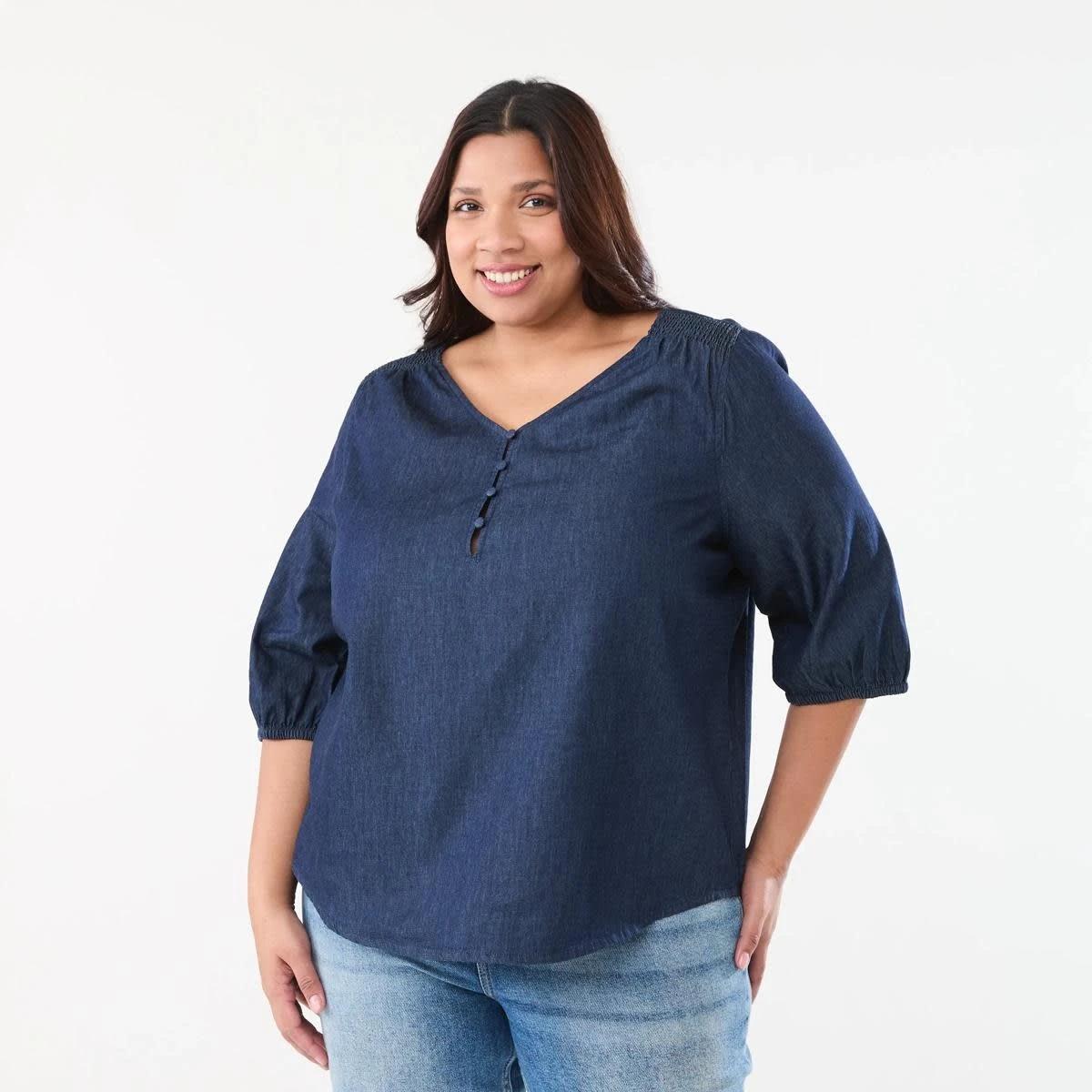 1 Curve Long Sleeve Shirred Shoulder Top DARK DENIM WASH, 1 of 6