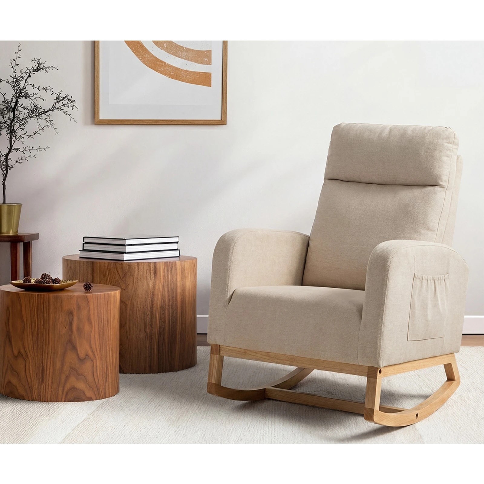 4 Oikiture 2x Rocking Armchair Linen Fabric Lounge Chair Accent Chair - Beige, 4 of 10