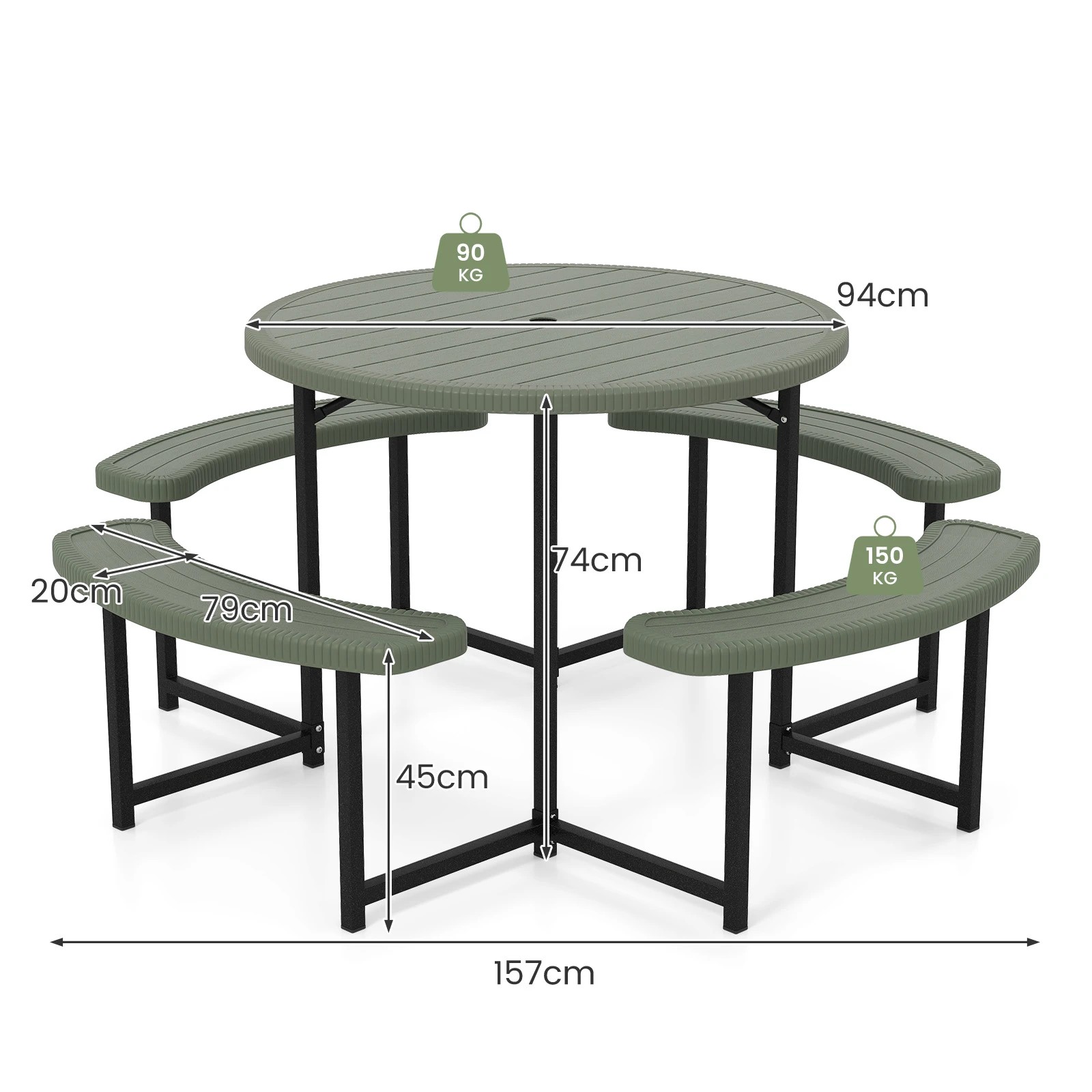 2 Costway 95cm Round Picnic Table Bench Set w/Umbrella Hole Patio Outdoor Dining Table & Chairs - Green, 2 of 3