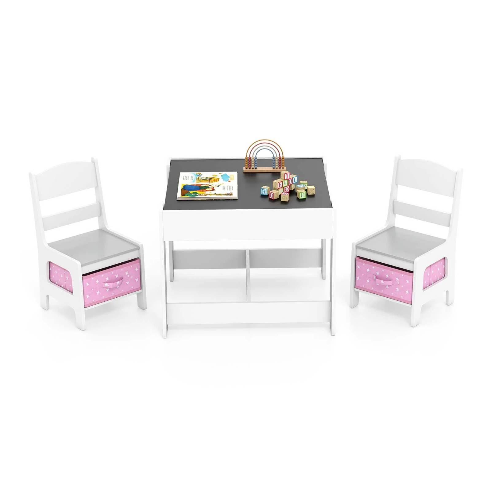 1 Costway 3in1 Table Chairs Set Reversible Play Drawing Table, 1 of 1