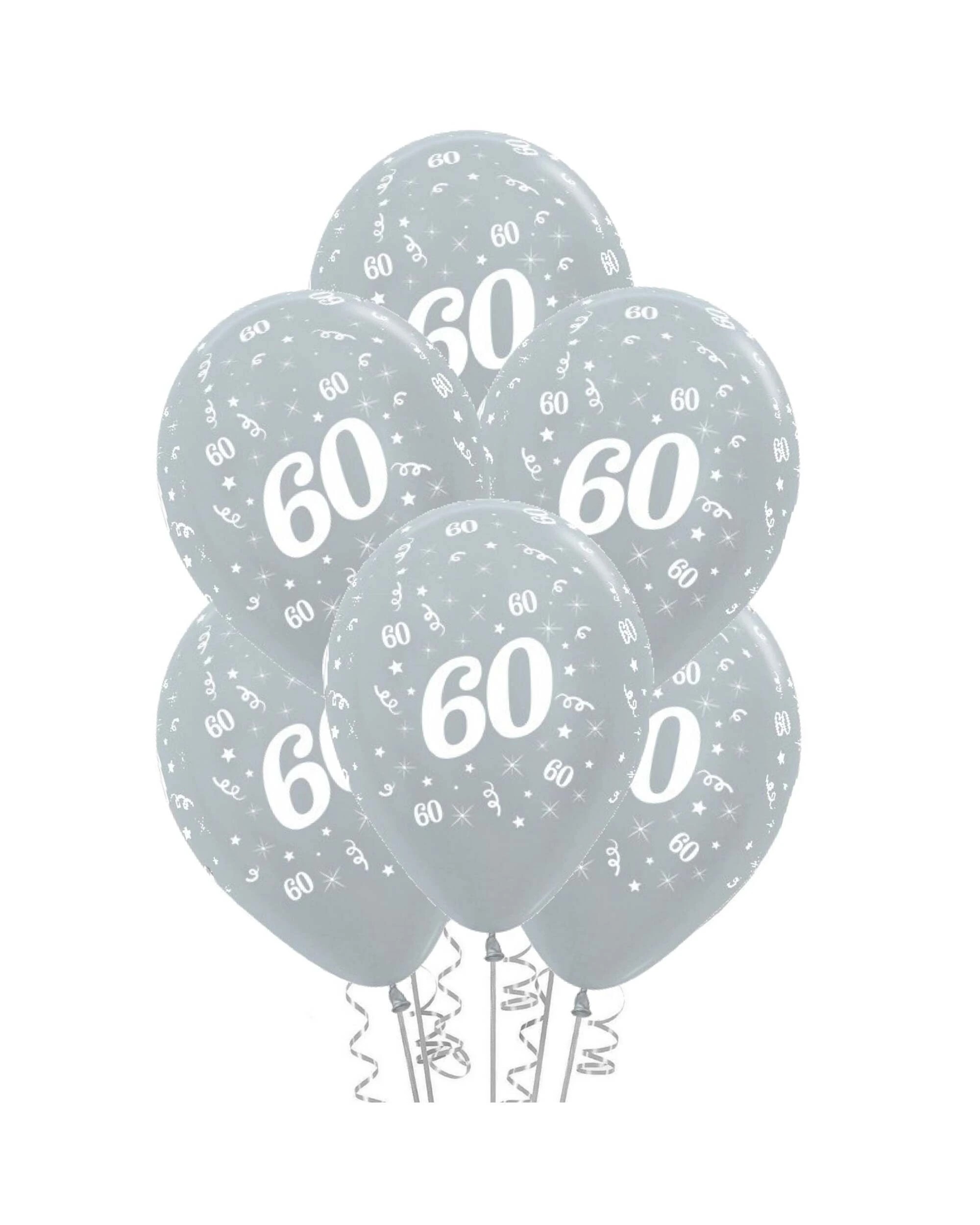 1 Sempertex All Over 60th Birthday Silver Balloons Pack of 6 - Silver, 1 of 2